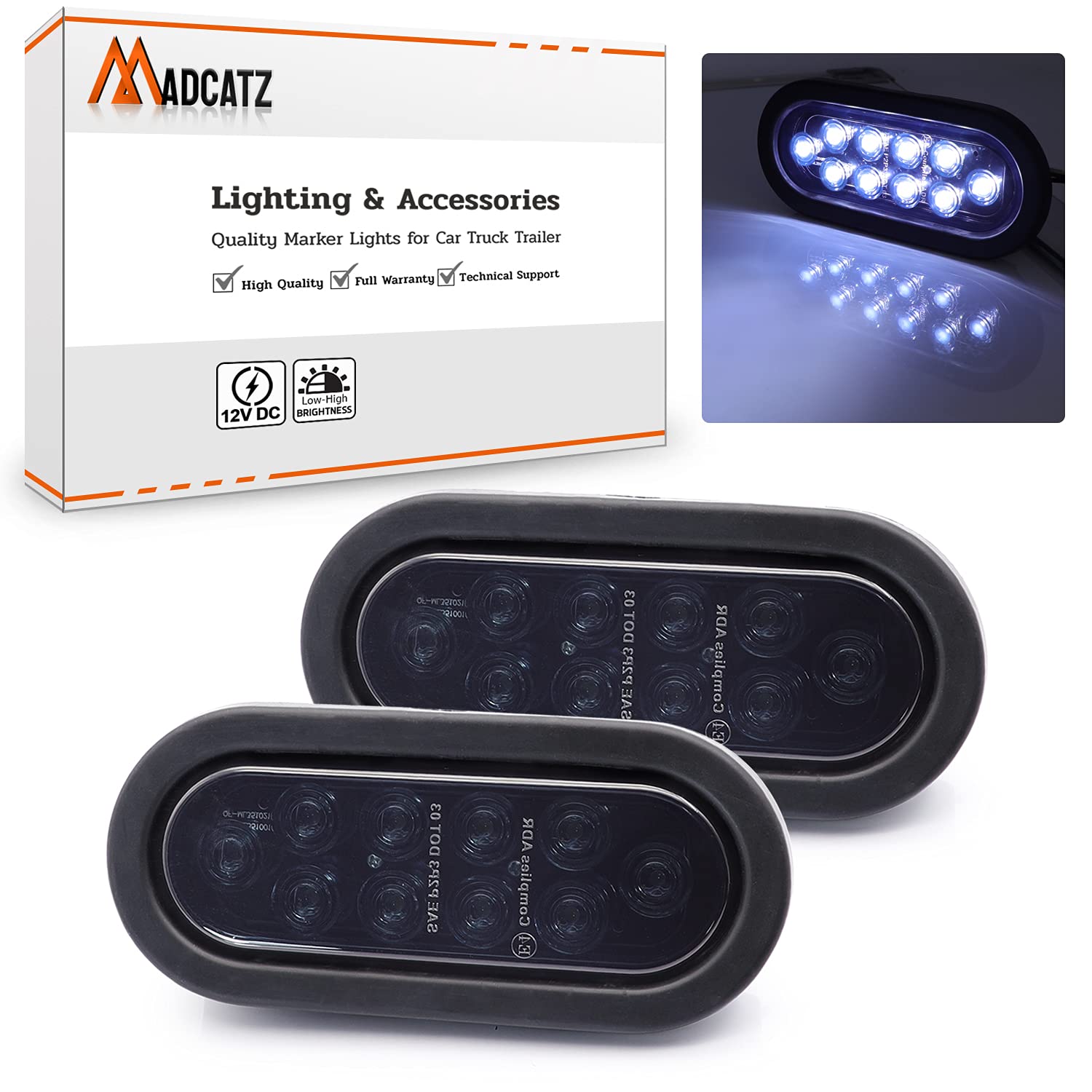 2 Pack 6 Inch Oval Smoked Lens White 10 LED Reverse Backup Lights with 3 Prong Plug - Waterproof 12V DC for Trailers, Trucks, RVs, Boats & Vans - Perfect for Nighttime Parking and Low Visibility Conditions