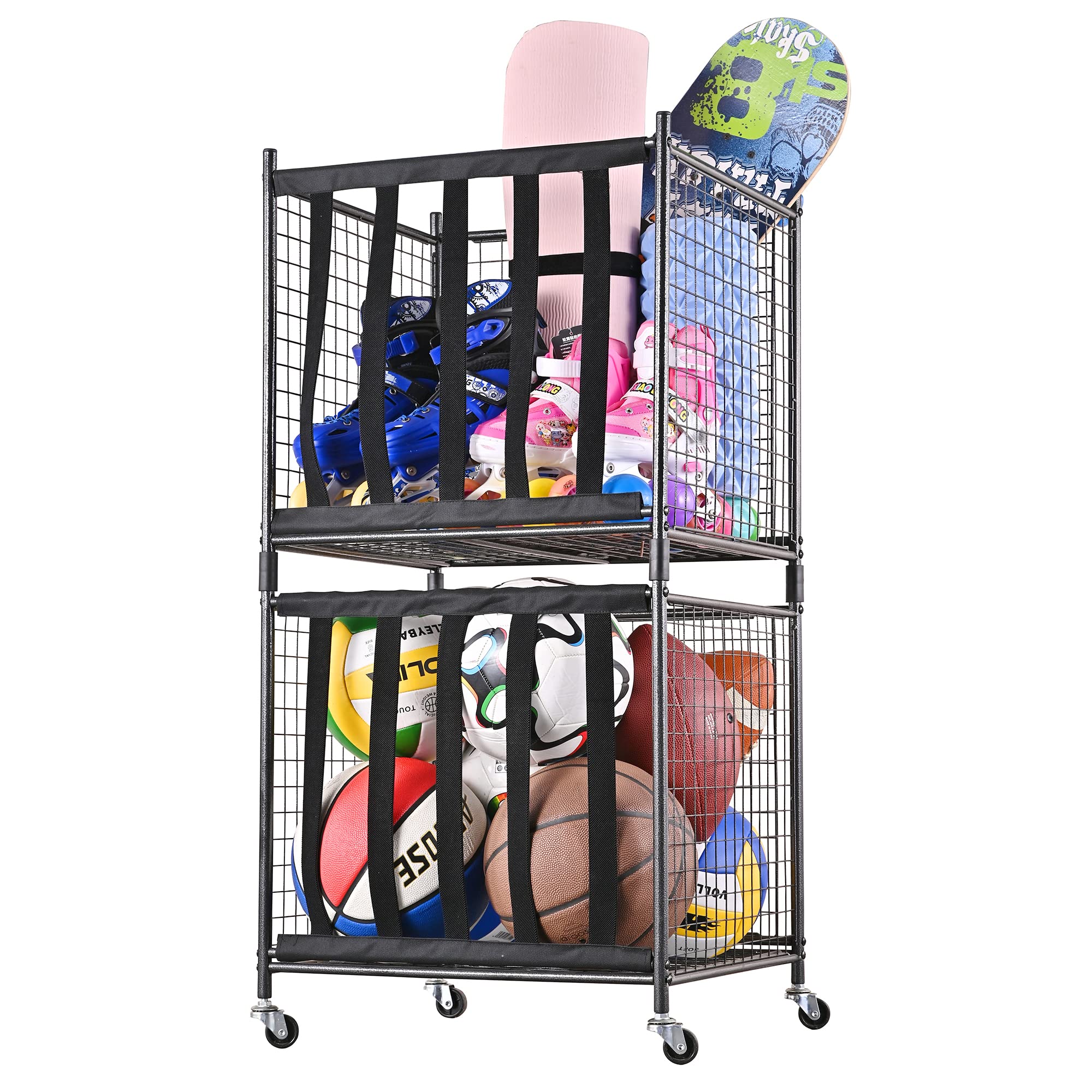 Mythinglogic Rolling Sports Ball Storage Cart - Lockable Ball Storage Locker with Elastic Straps, Stackable Ball Cage for Garage & Home Organization - Perfect for Basketball, Soccer, Football, Baseball Storage