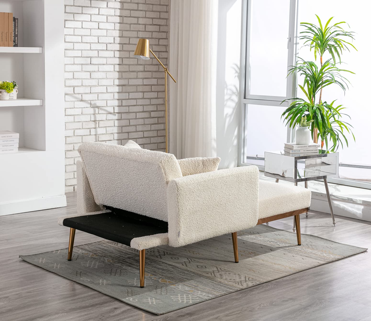 KINFFICT Convertible Chaise Lounge Chair - Modern Adjustable Lounger with 3 Positions, Indoor Sleeper Sofa Bed Includes 2 Pillows, 400 LBS Weight Capacity, Creamy White - Perfect for Living Room, Bedroom, Office & Small Space Relaxation