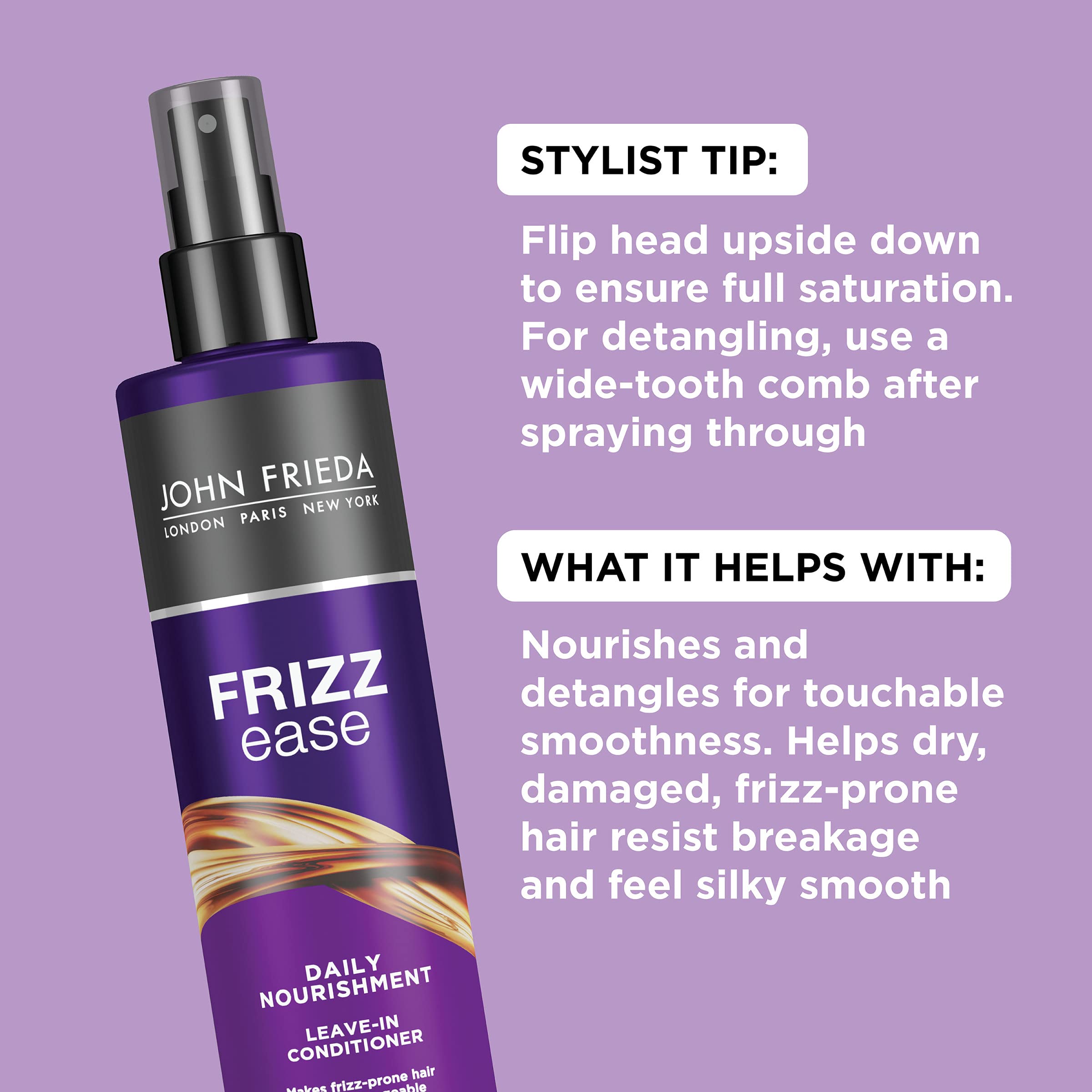 John Frieda Frizz Ease Daily Nourishment Leave-In Conditioner for Frizzy & Damaged Hair - Detangles, Reduces Breakage, Heat Protection with Vitamins A, C, E & Green Tea Extract - 8 Oz (Pack of 2) - Perfect for Daily Hair Care & Styling Protection