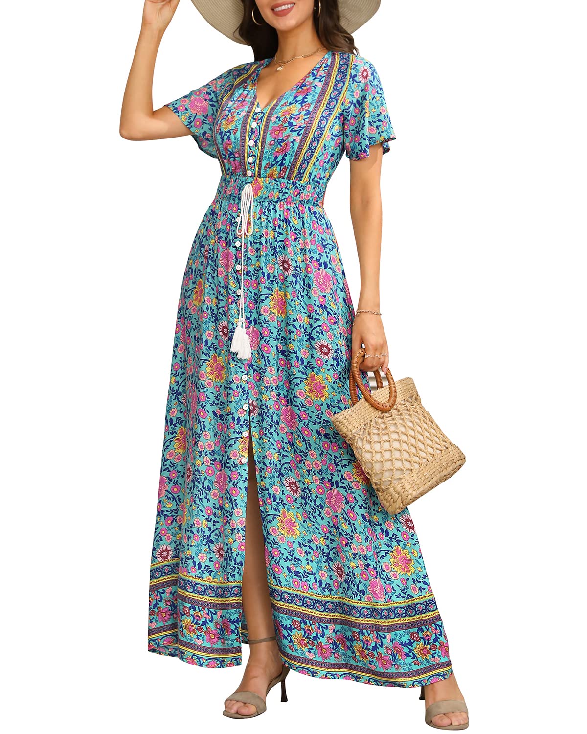 Floral Maxi Dress for Women - Button Up Summer Dress with Side Split & Flowy Print - Perfect for Beach, Party & Wedding Occasions