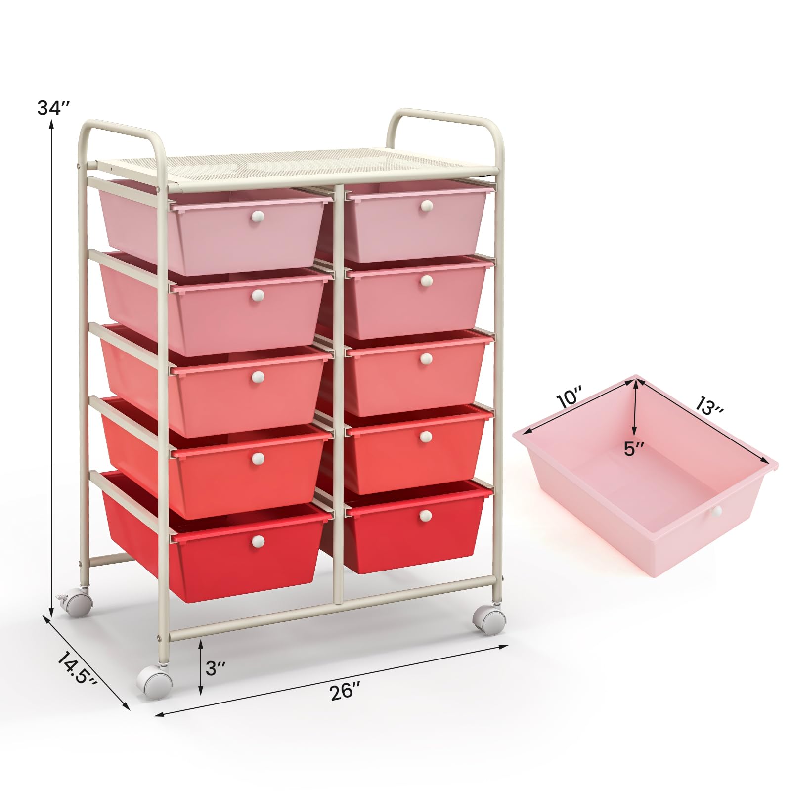 Giantex 10-Drawer Rolling Storage Cart with Wheels - Mobile Organizer for Classroom, Office, Home & School - Perfect for Teacher Supplies, Craft Tools, Art Paper & Stationery - Pink Gradient Design - Ideal for Organizing, Decluttering & Workspace Efficiency