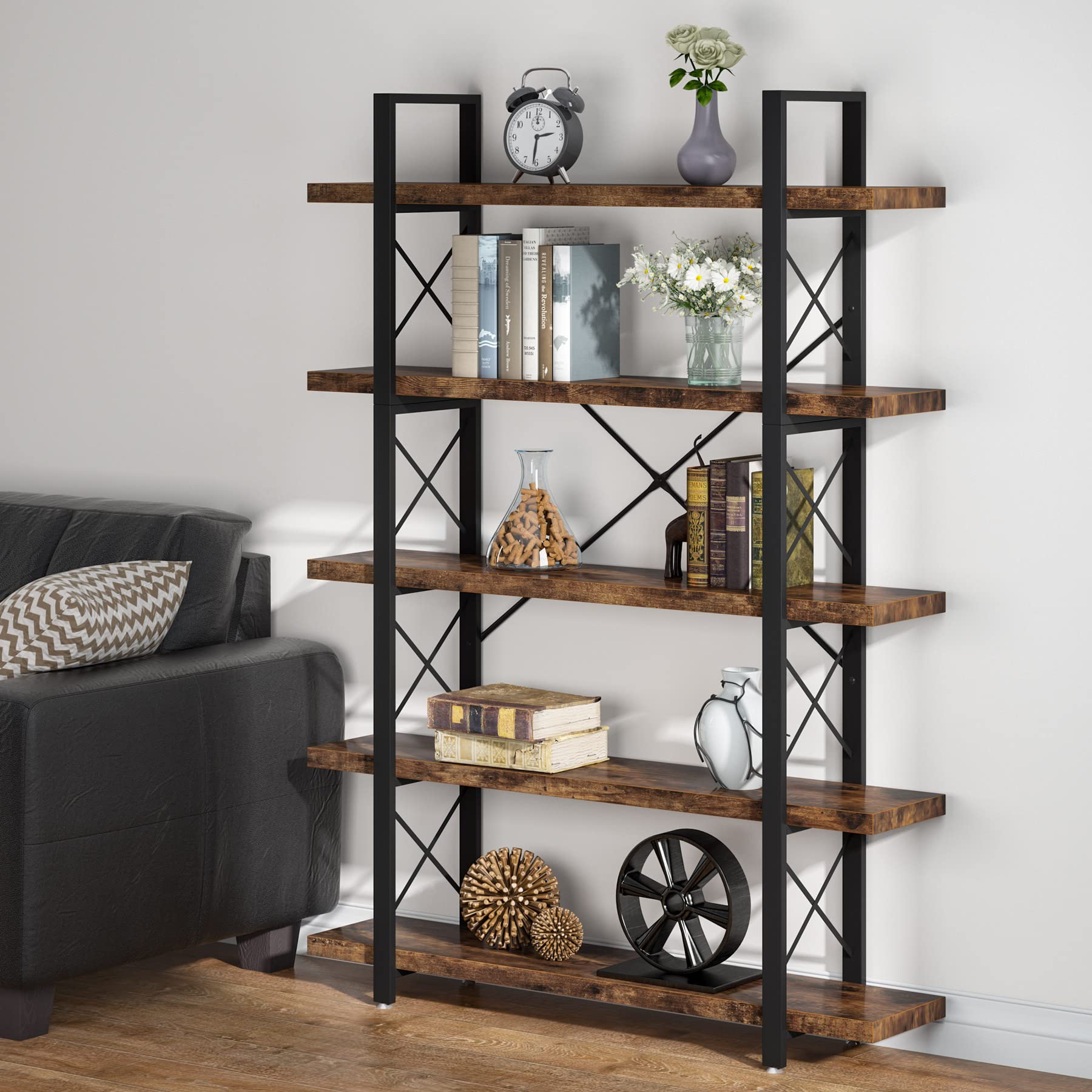5 Tier Bookcase - Industrial Style 5-Shelf Bookshelf with Metal & Wood Design | Vintage Free Standing Book Storage for Living Room, Office & Study | LITTLE TREE Home Decor