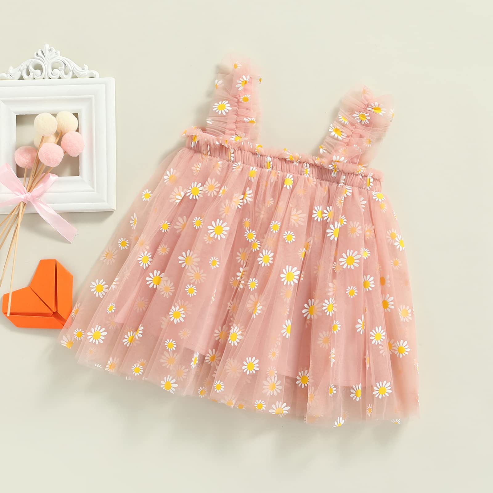 Toddler Baby Girl Summer Dress - Sleeveless Floral Fruit Embroidery Casual Mesh Tutu Puff Dress for Playdates & Beach Outings