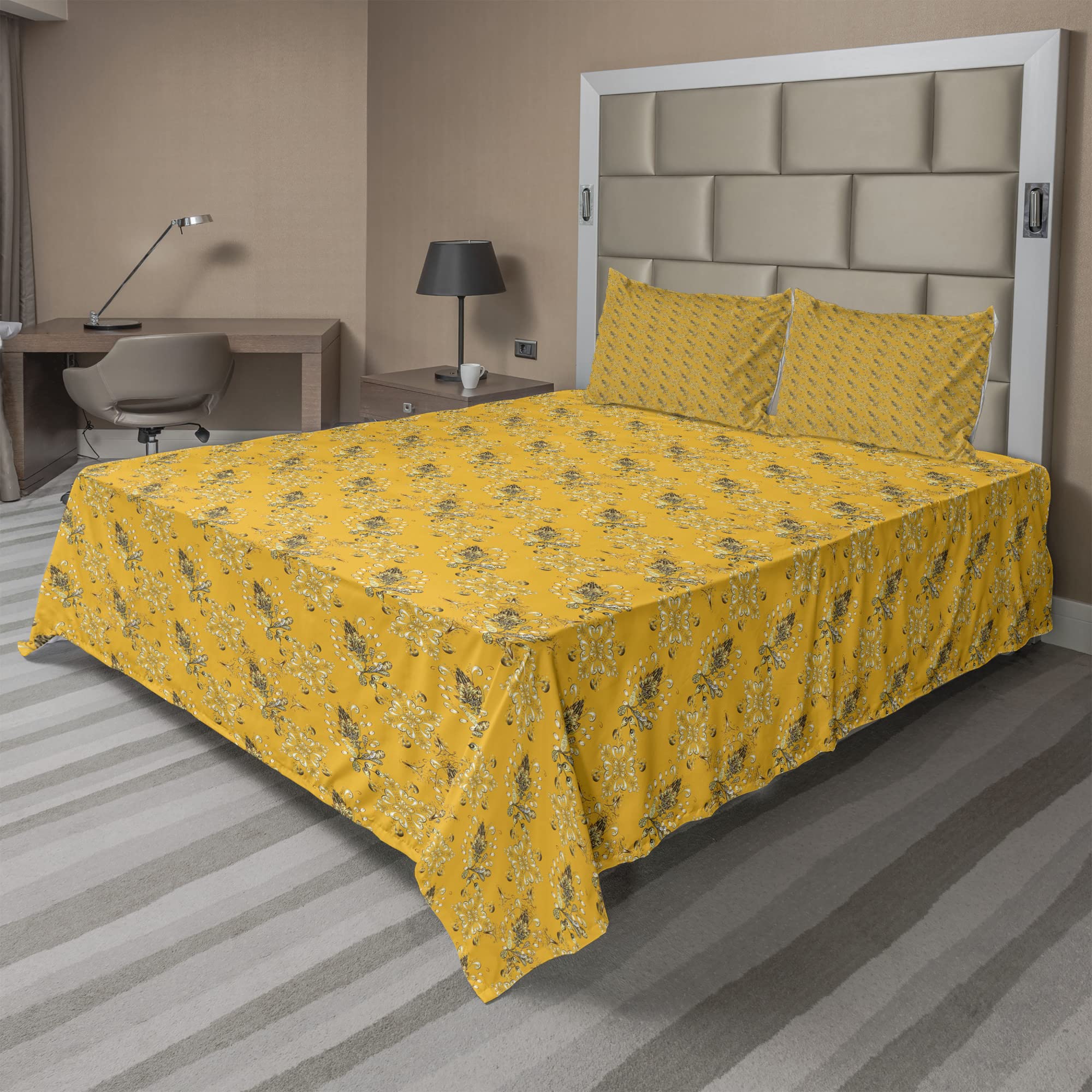 Ambesonne Floral 4-Piece Sheet Set - Ornamental Details with Streaks, Fitted & Flat Sheets with Pillowcases, Orange Umber | Soft & Breathable Bedding for Cozy Sleep, Perfect for Master Bedroom, Guest Room & Dorm Decor
