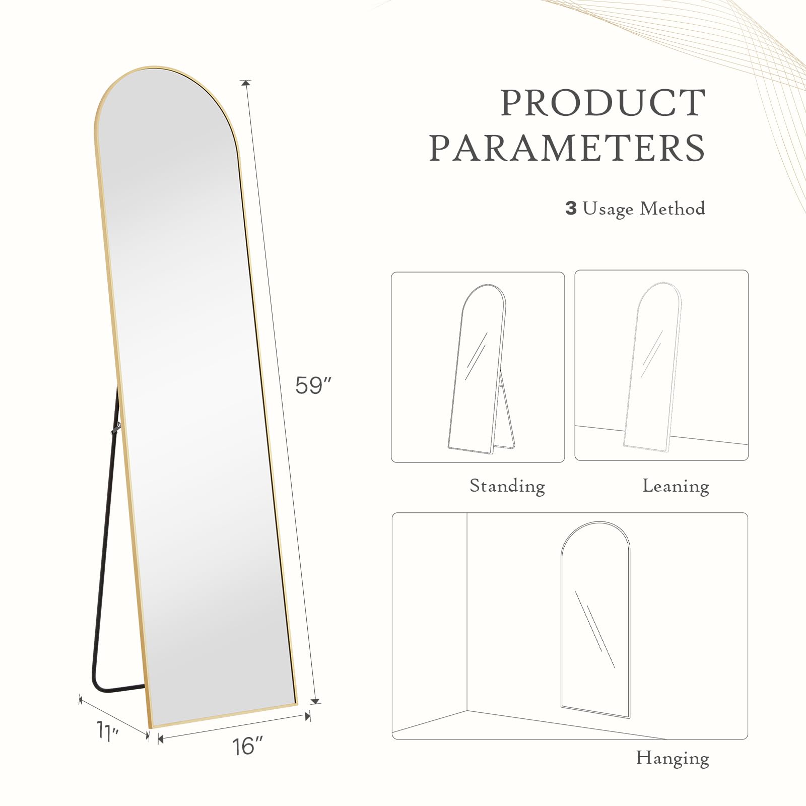 Sweetcrispy 16x59 Inch Gold Arched Full Length Mirror - Freestanding, Leaning or Wall Mounted Aluminum Frame Body Mirror for Bedroom, Living Room, Cloakroom - Modern Home Decor for Dressing, Outfit Check & Room Styling