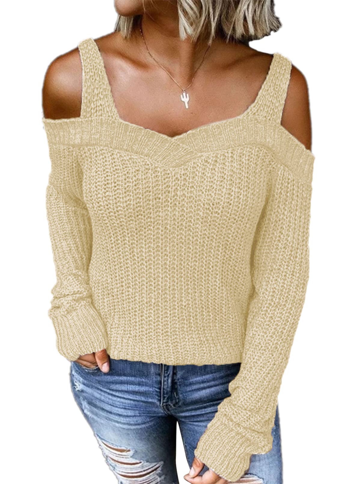 EVALESS Women's Waffle Knit Long Sleeve Cold Shoulder Sweater - Cute Plain Pullover Top for Fall & Winter | Casual Outfit, Date Night, Office Wear