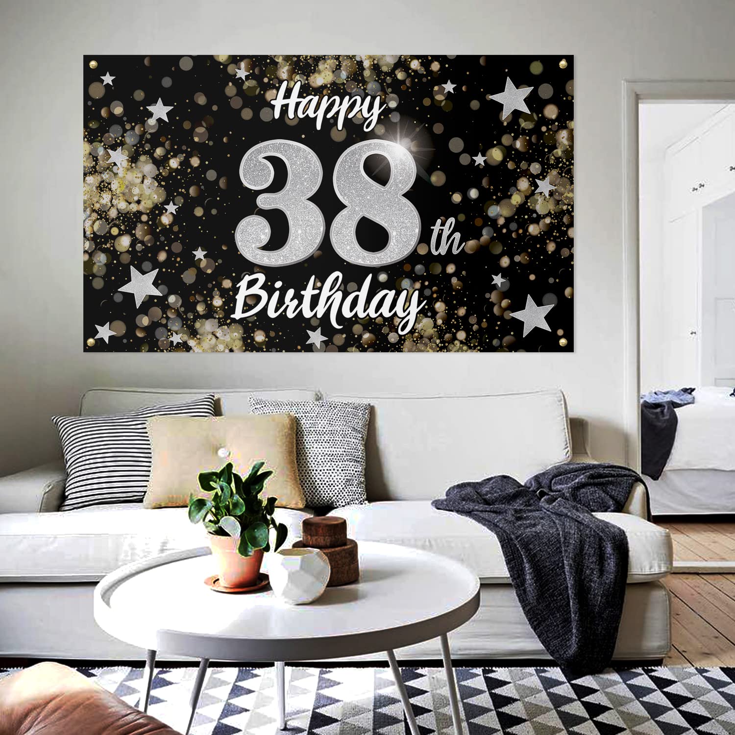 38th Birthday Decorations - Black & Silver Dream Star Large Backdrop Banner for 38 Year Old Birthday Party | Cheers to 38 Years Sign | Perfect for Milestone Celebrations, Photo Booths & Home Decor