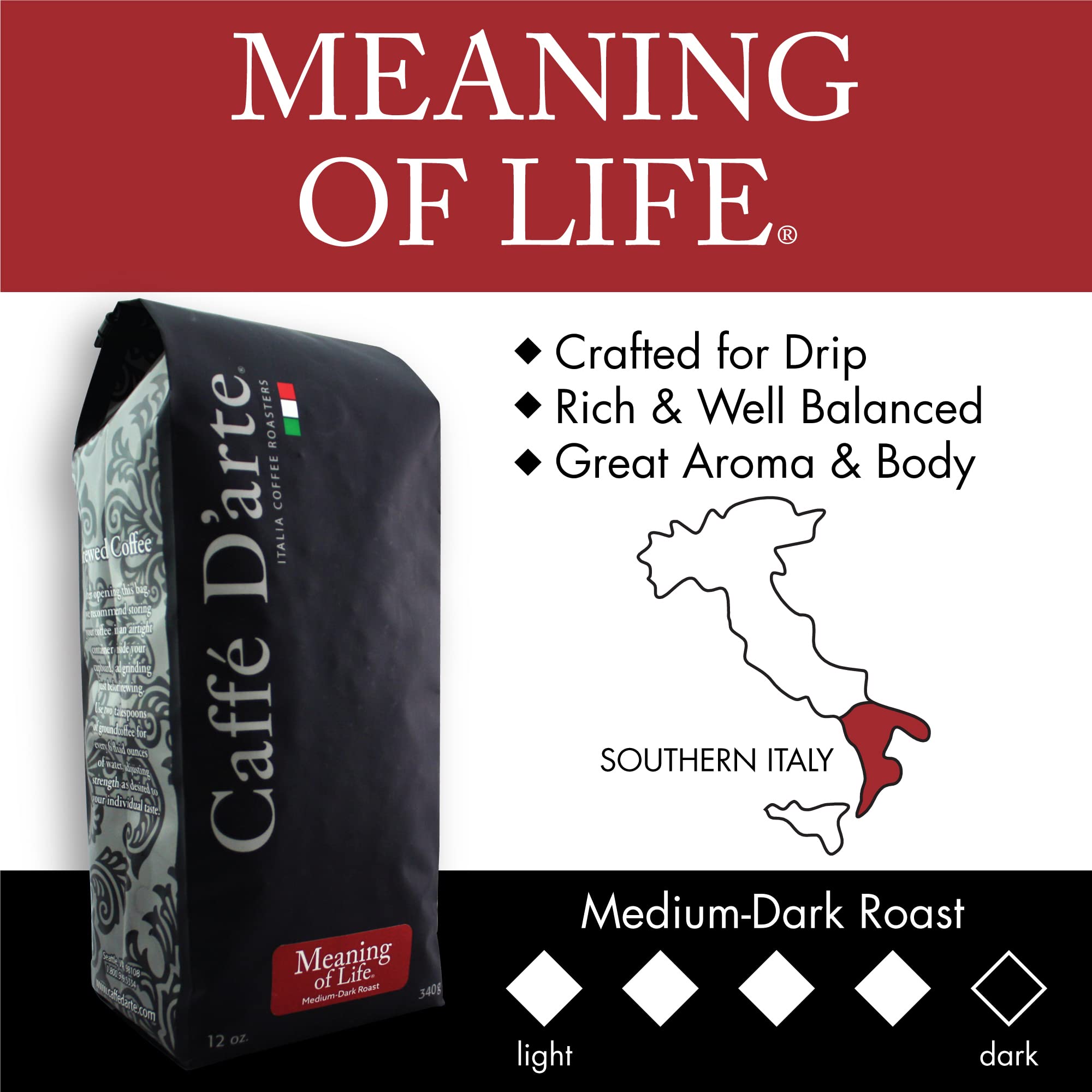 Premium Caffe D'arte Meaning of Life Blend Whole Bean Coffee, 12 oz - Dark Roast Specialty Coffee Beans for Espresso, French Press & Drip Brewing - Perfect for Home, Office & Gifting