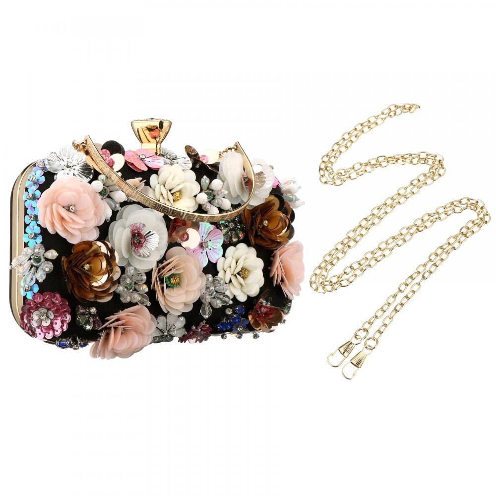 Stylish PU Leather Floral Beaded Clutch Purse for Women - Elegant Wedding Handbag & Clear Crossbody Bag - Perfect for Parties, Date Nights & Special Occasions