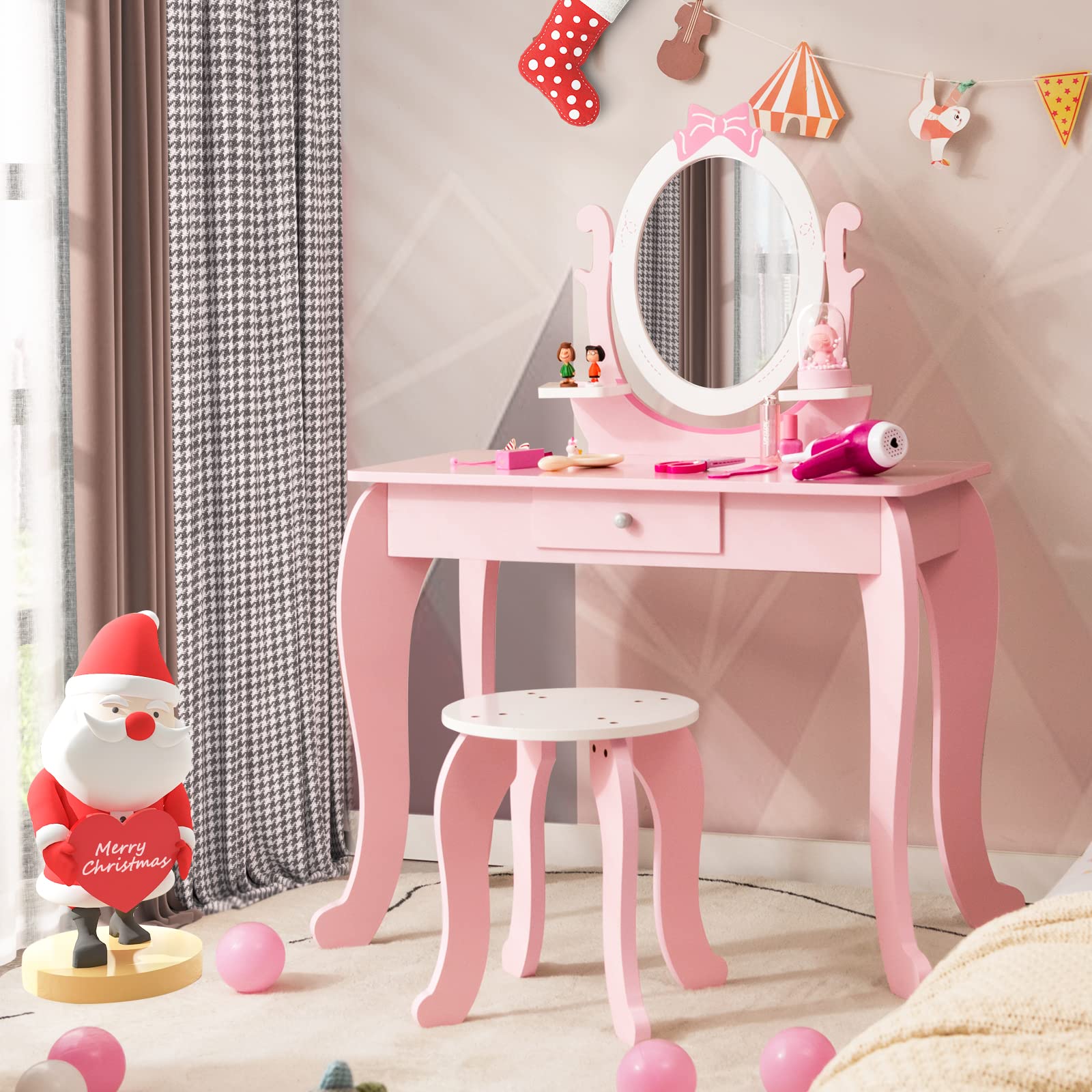 KOTEK 2-in-1 Kids Vanity with Rotating Mirror - Princess Dressing Table for Girls 3-7 - Playroom Decor