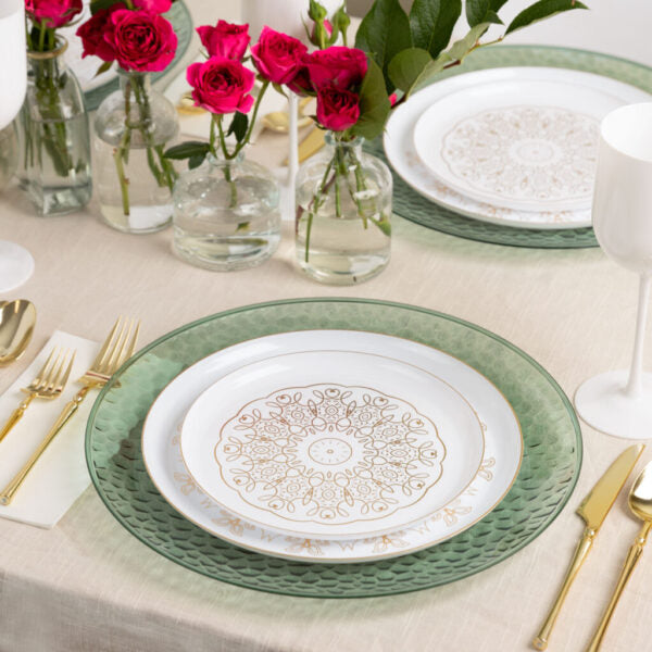 20-Pack White and Gold Round Plastic Dinnerware Set - Elegant Medallion Design for 10 Guests - Perfect for Weddings, Parties, and Formal Events