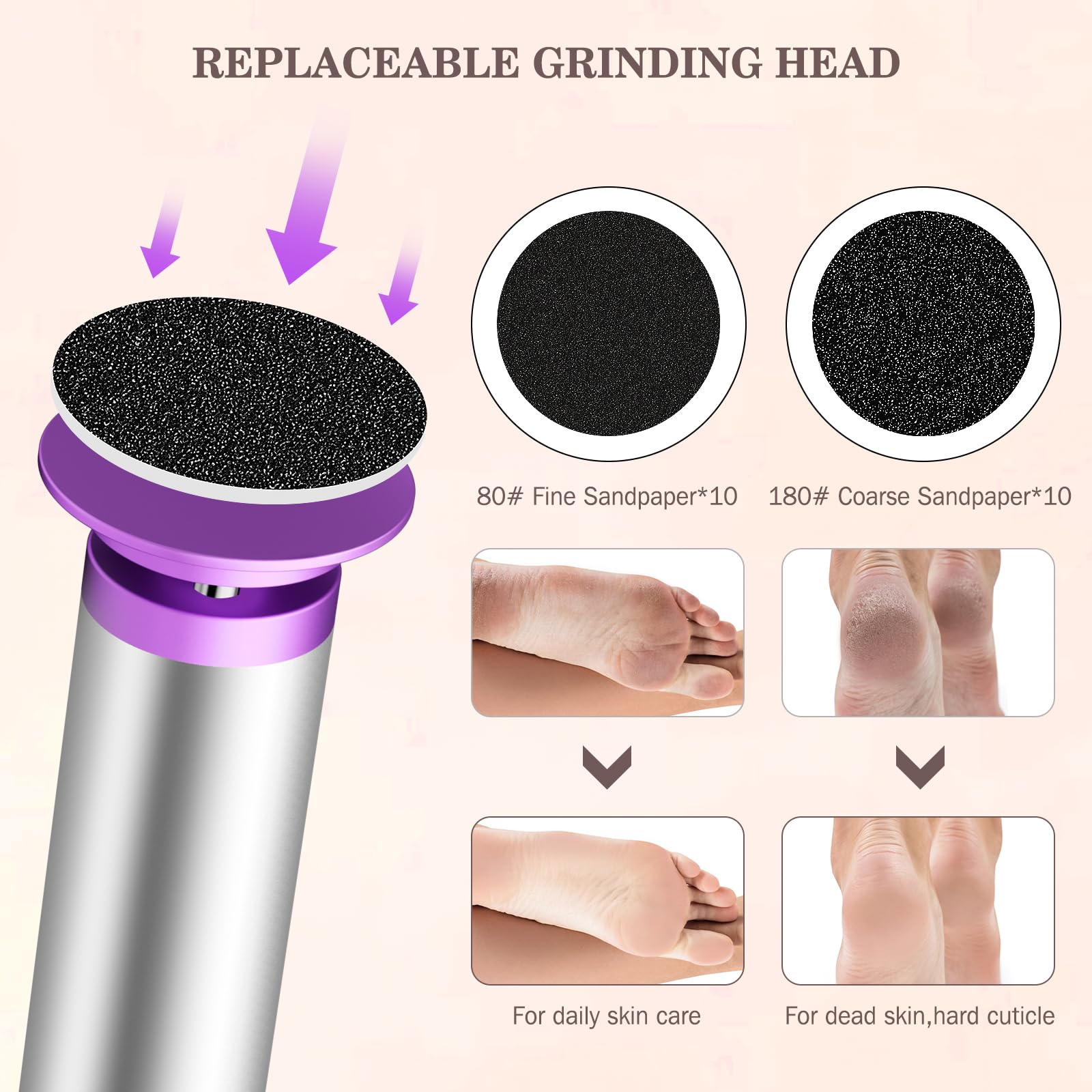 Electric Callus Remover for Feet with Nano-Glass Head & Replaceable Sandpaper Discs - Professional Pedicure Tool for Dead Skin Removal - Perfect for Home Foot Care & Spa Treatments (Purple)