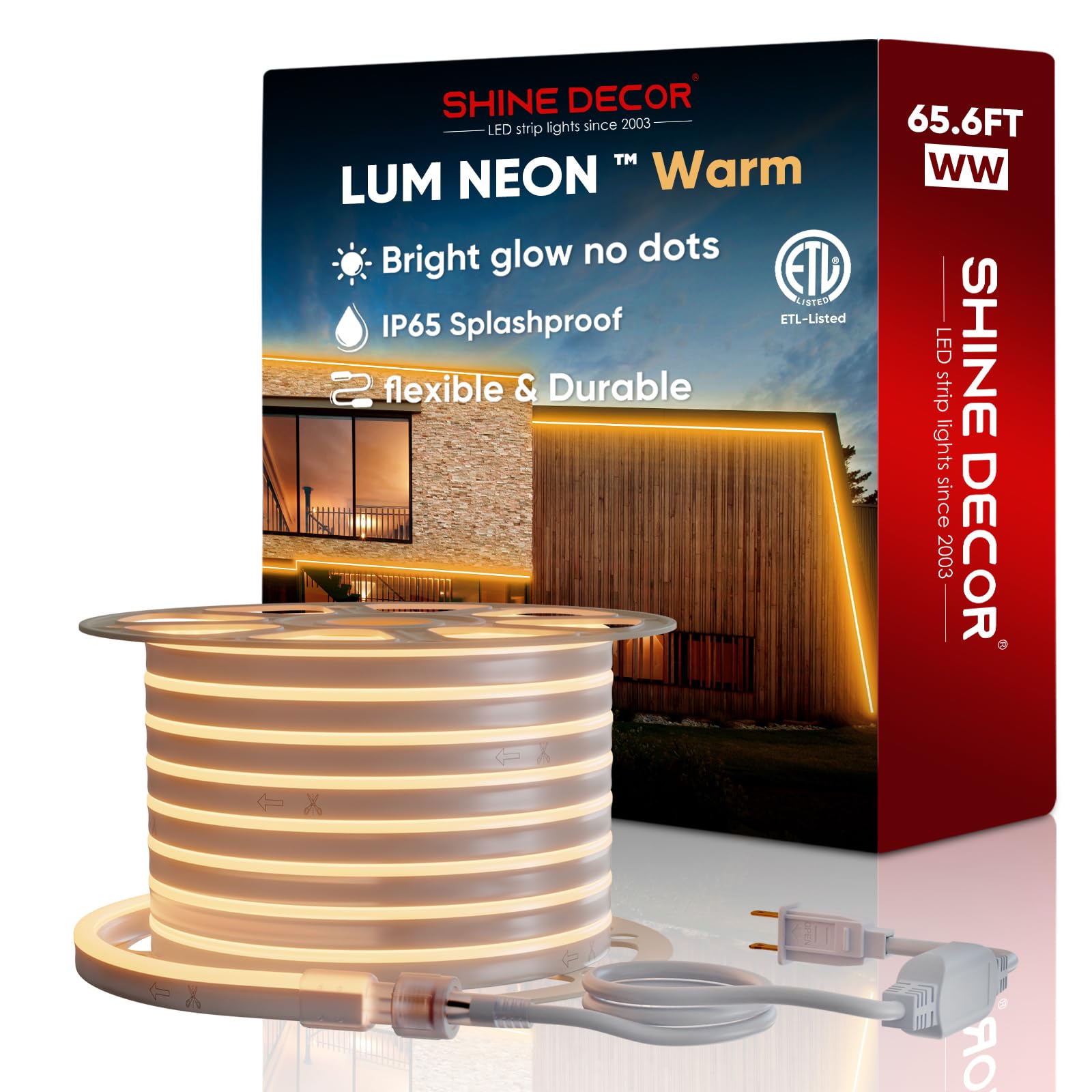 Shine Decor LED Neon Rope Lights 65.6ft - 120V AC Expandable & Cuttable Strip Lighting with 120LEDs/M, ETL Certified Cold-Resistant & IP65 Waterproof for Indoor/Outdoor Use - 8x16mm 2500K Warm White - Perfect for Bedroom, Party, Wedding, Bar, and Holiday Decorations