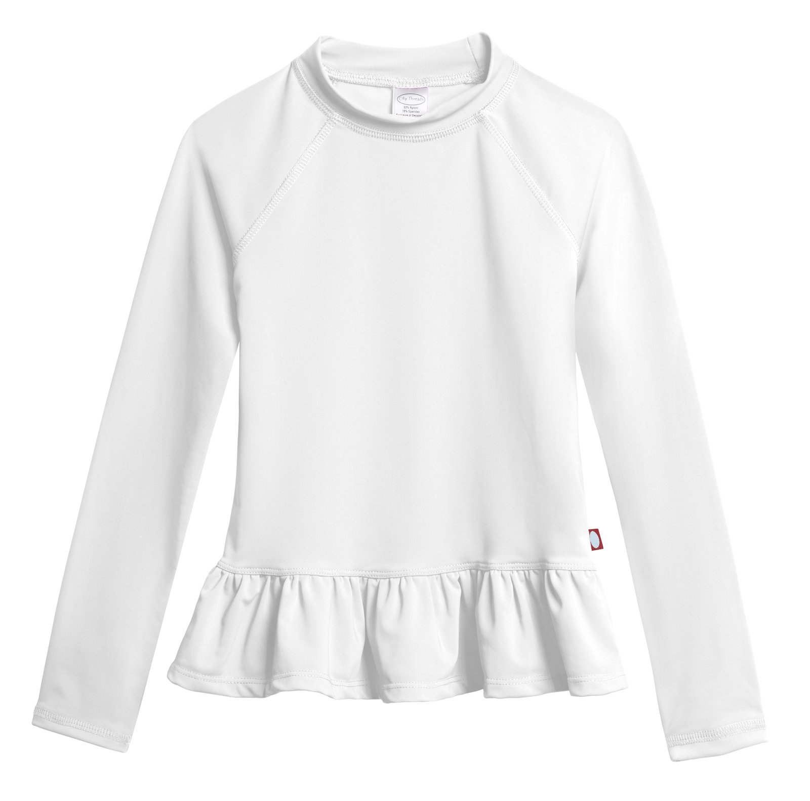 Made in USA Little Girls' Solid Rashguard Swim Tee SPF50+ Sun Protection - Peplum Design for Beach, Pool, Surfing & Outdoor Water Activities, White, 2T