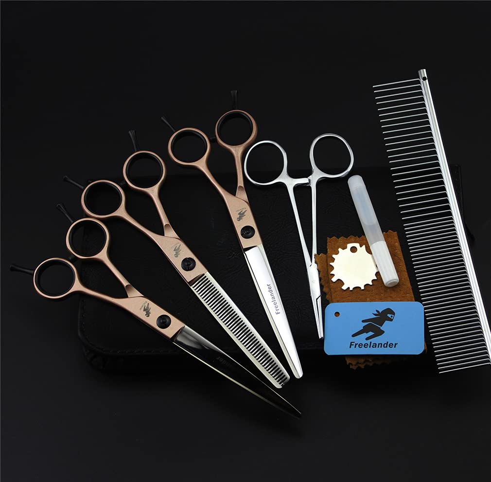 8-Piece Professional Pet Grooming Scissors Set - Stainless Steel Dog & Cat Hair Trimming Kit with Thinning & Curved Scissors | Safe Sharp Tools for Home Pet Salon Grooming, Bathing & Styling Sessions