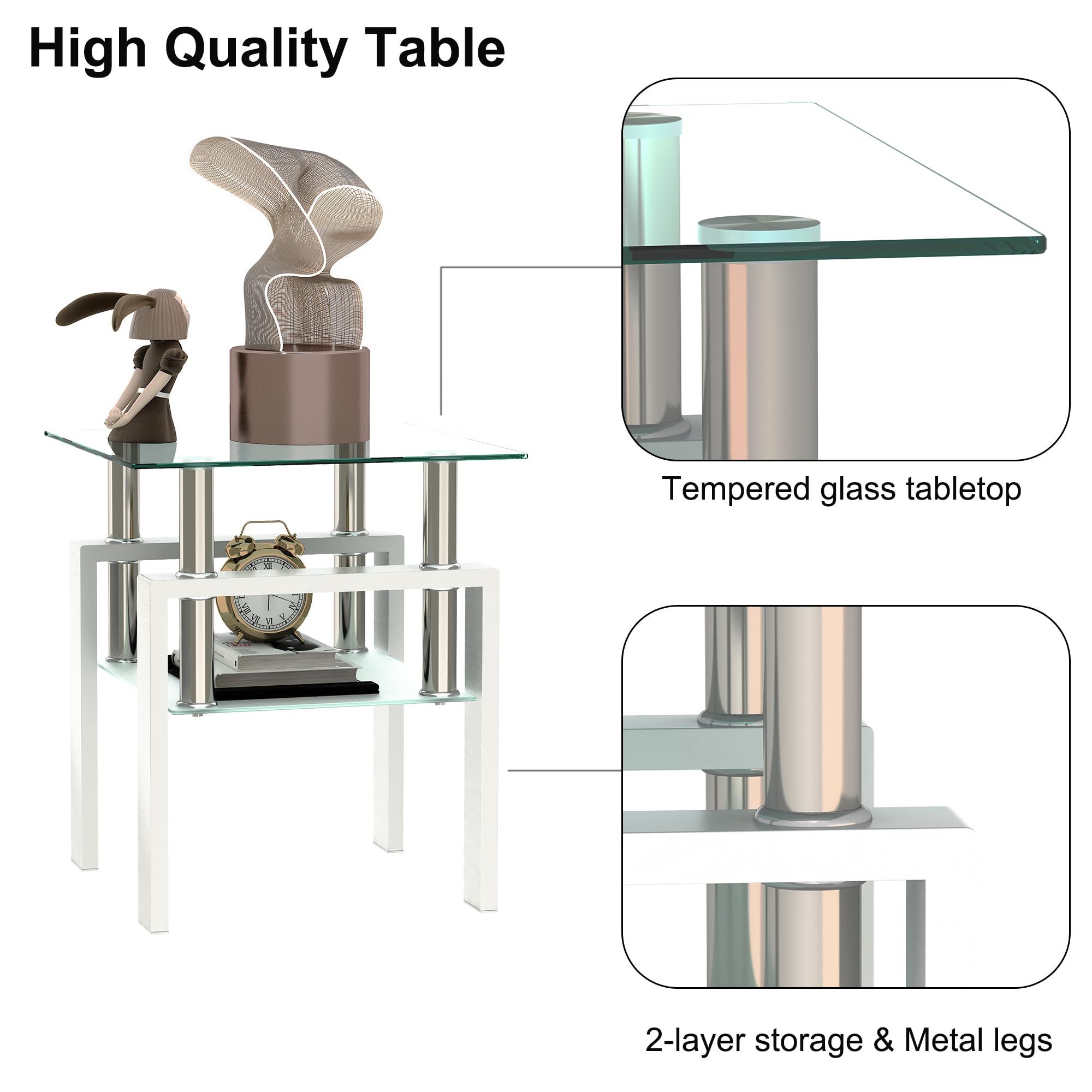 Modern 3-Piece Glass Coffee Table Set with Storage - Black Metal Leg Rectangle Tempered Center & Side Tables for Living Room - White Home Furniture (Perfect for Small Spaces, Apartments & Contemporary Decor)