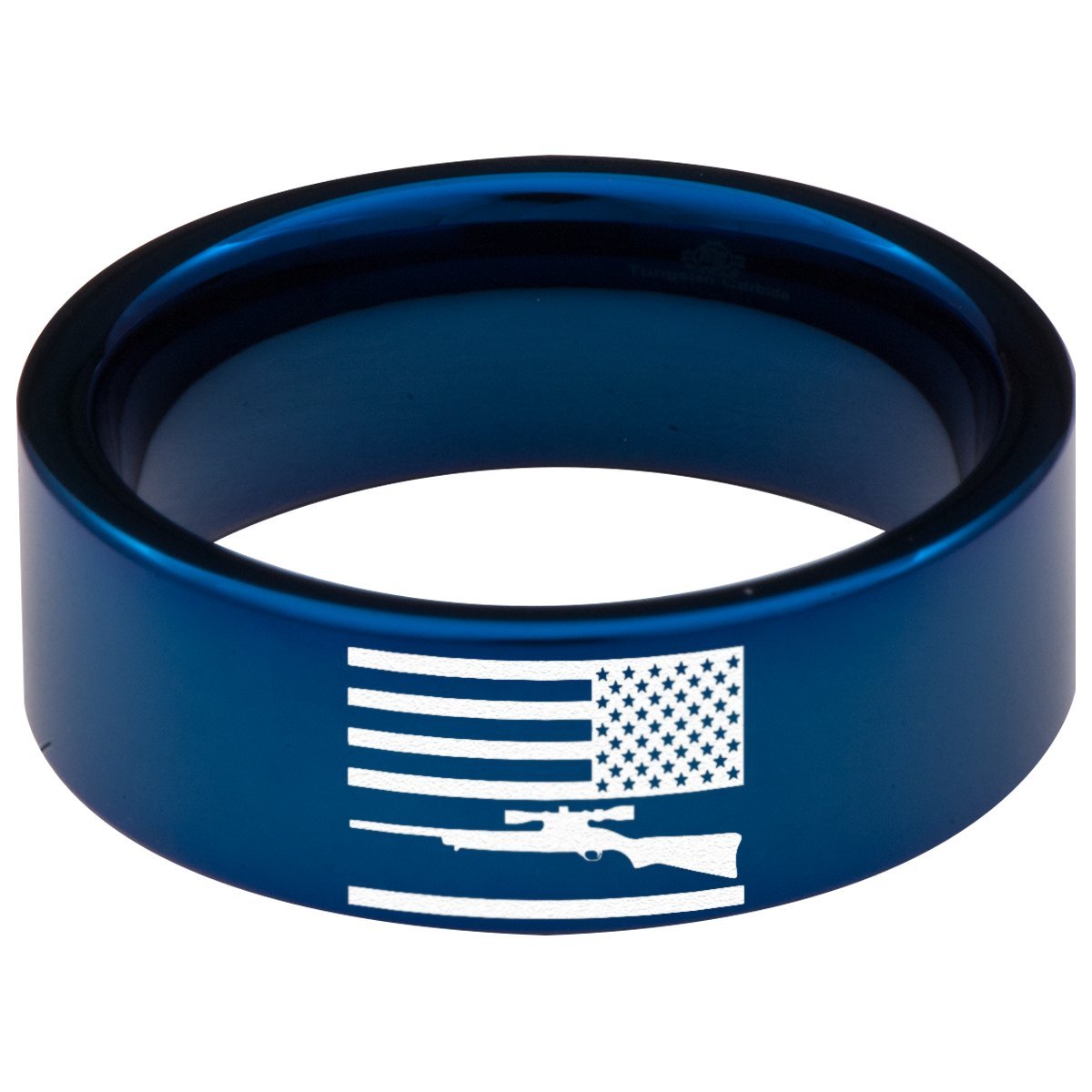 Premium Tungsten Carbide USA Flag & Rifle Ring - 8mm Wedding Band for Men & Women - Anniversary Gift, Military Style Jewelry - Perfect for Patriotic Weddings, Veterans Day & Independence Day Celebrations