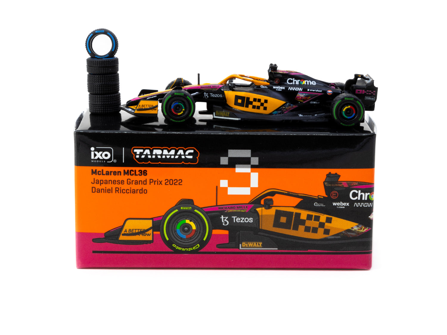 Tarmac Works 1/64 Scale McLaren MCL36 Formula 1 Car - 2022 Japanese Grand Prix Edition - Daniel Ricciardo #3 Diecast Model - Collectible Racing Car for Display & Gifts - Perfect for F1 Fans and Model Collectors