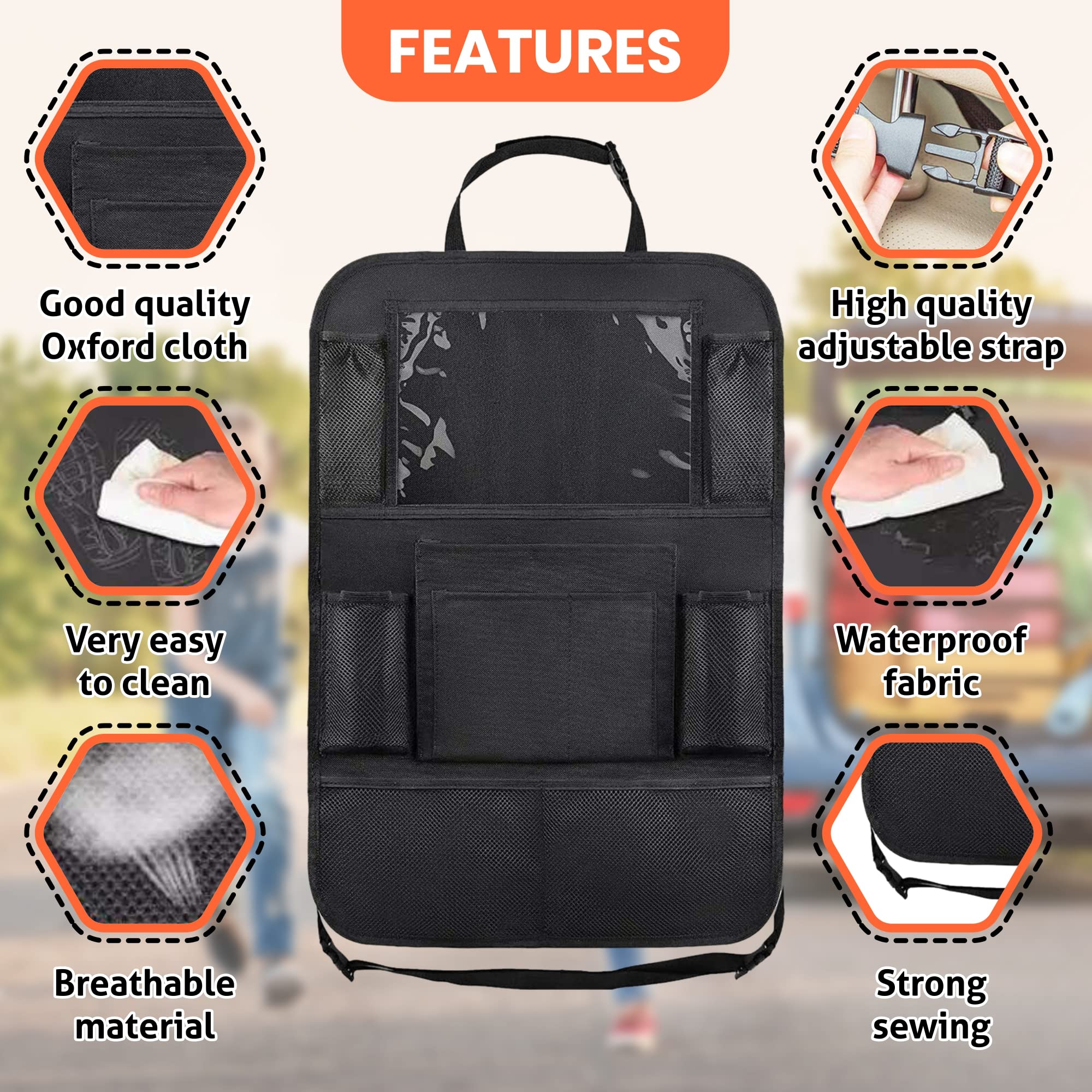 Waterproof & Durable Car Seat Organizer with Tablet Holder - 9-Pocket Back Seat Storage, Built-In Kick Mats & Touch Screen Tablet Holder for Kids | Perfect for Road Trips, Family Travel & Protecting Your Car Seats