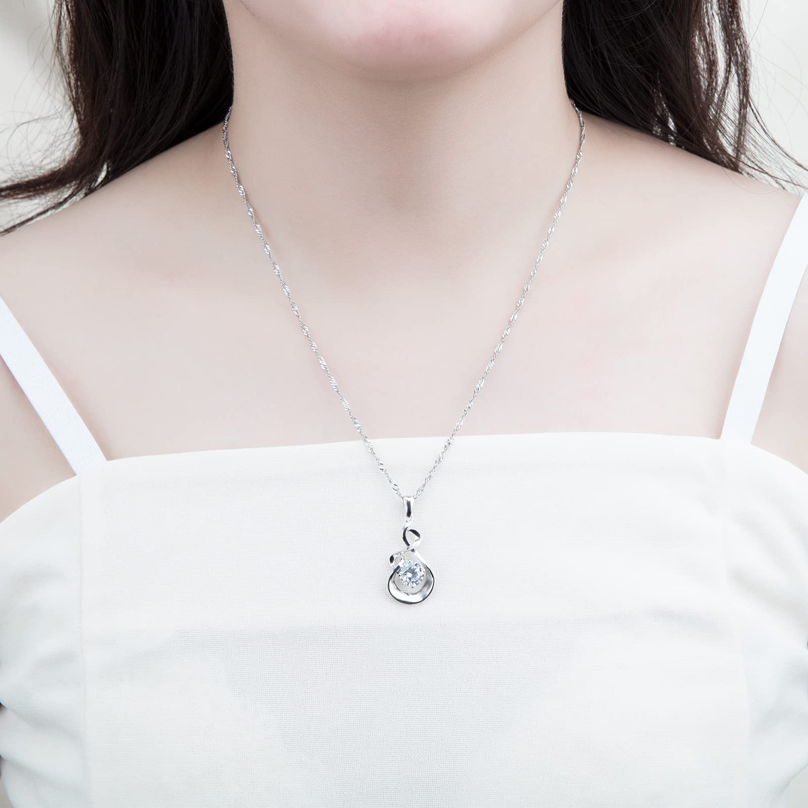 925 Sterling Silver Women's Necklace - 18 Inch Singapore Chain with Cubic Zirconia Pendant | Elegant Jewelry Gift for Her, Anniversary, Birthday & Special Occasions