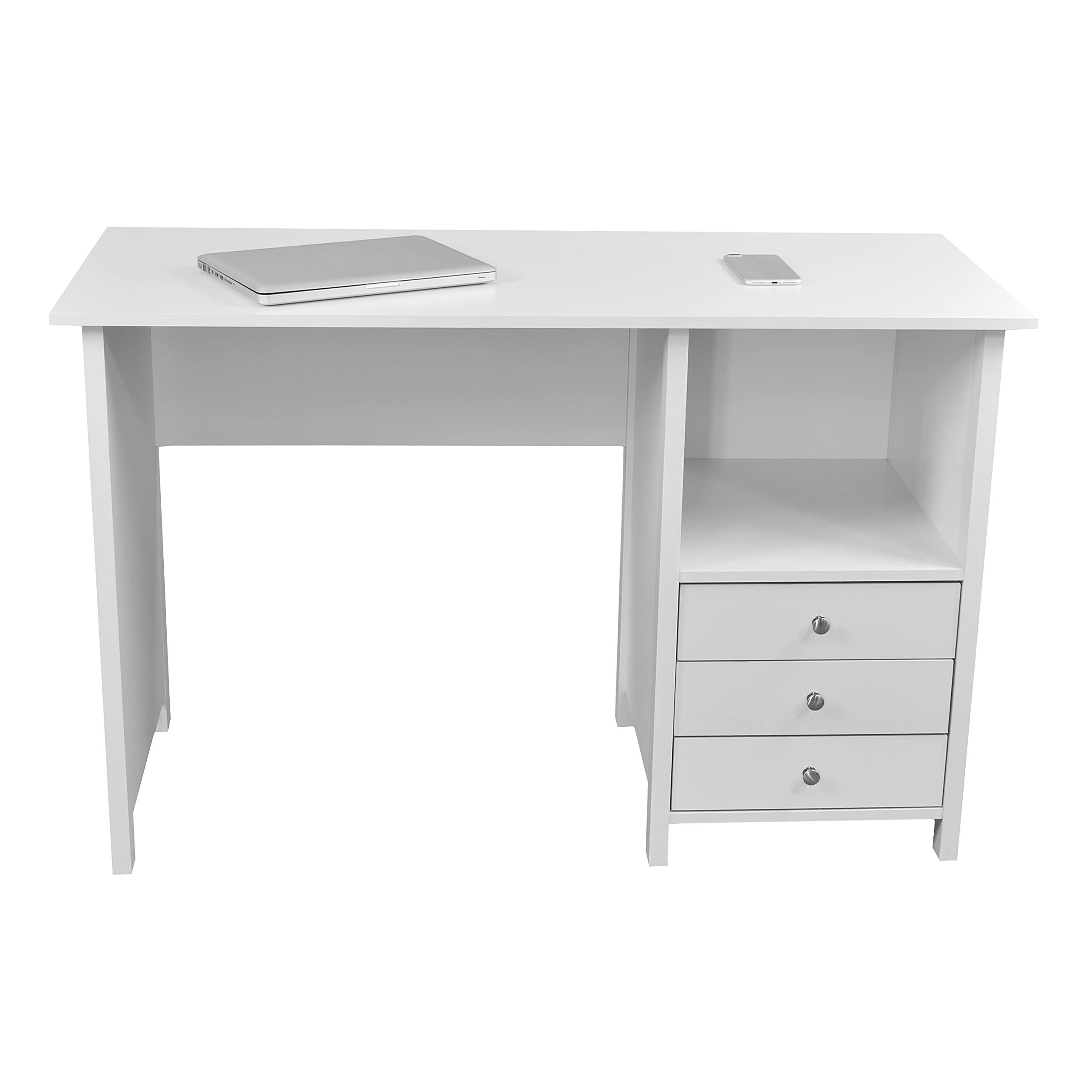 Techni Mobili White Office Desk with 3 Drawers & Open Shelf - Compact Laminated Wood Computer Desk for Small Spaces, Home Office, Bedroom & Study | Perfect for Remote Work, Online Classes & Crafting