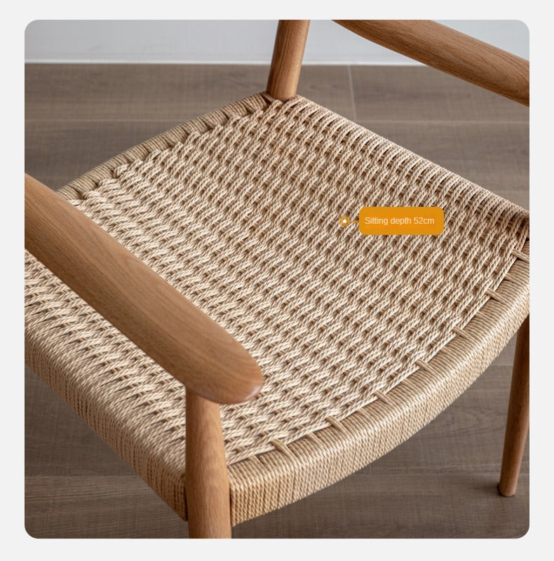 Solid Oak Wood Rope Woven Armchair - Handcrafted Leisure Chair for Living Room, Patio & Garden - Perfect for Relaxing, Reading & Outdoor Lounging