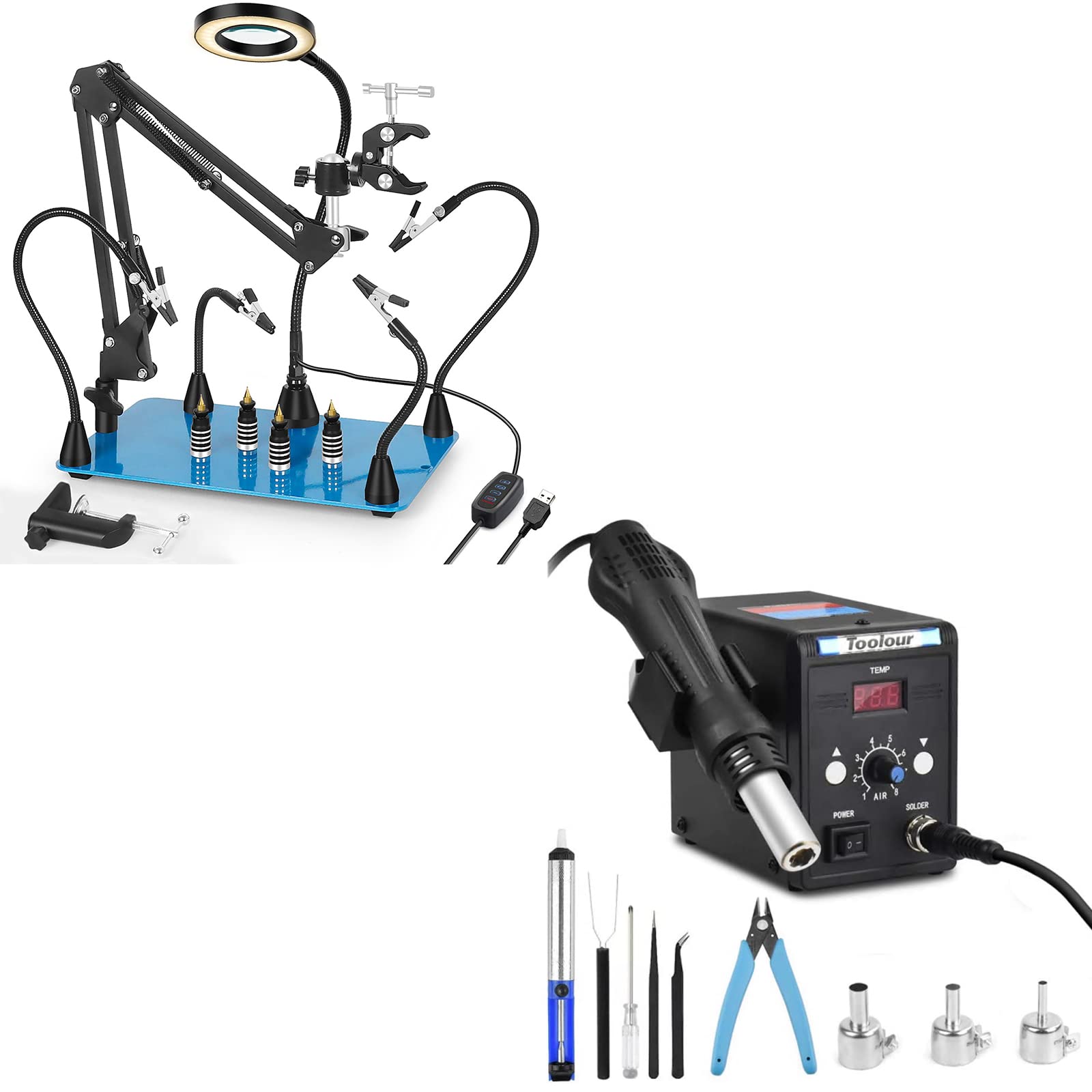 2-in-1 Magnetic Helping Hands Soldering Station with 360° Hot Air Gun Holder | 110V SMD Rework Station (100-500°C) | Perfect for Electronics Repair, PCB Soldering & DIY Projects