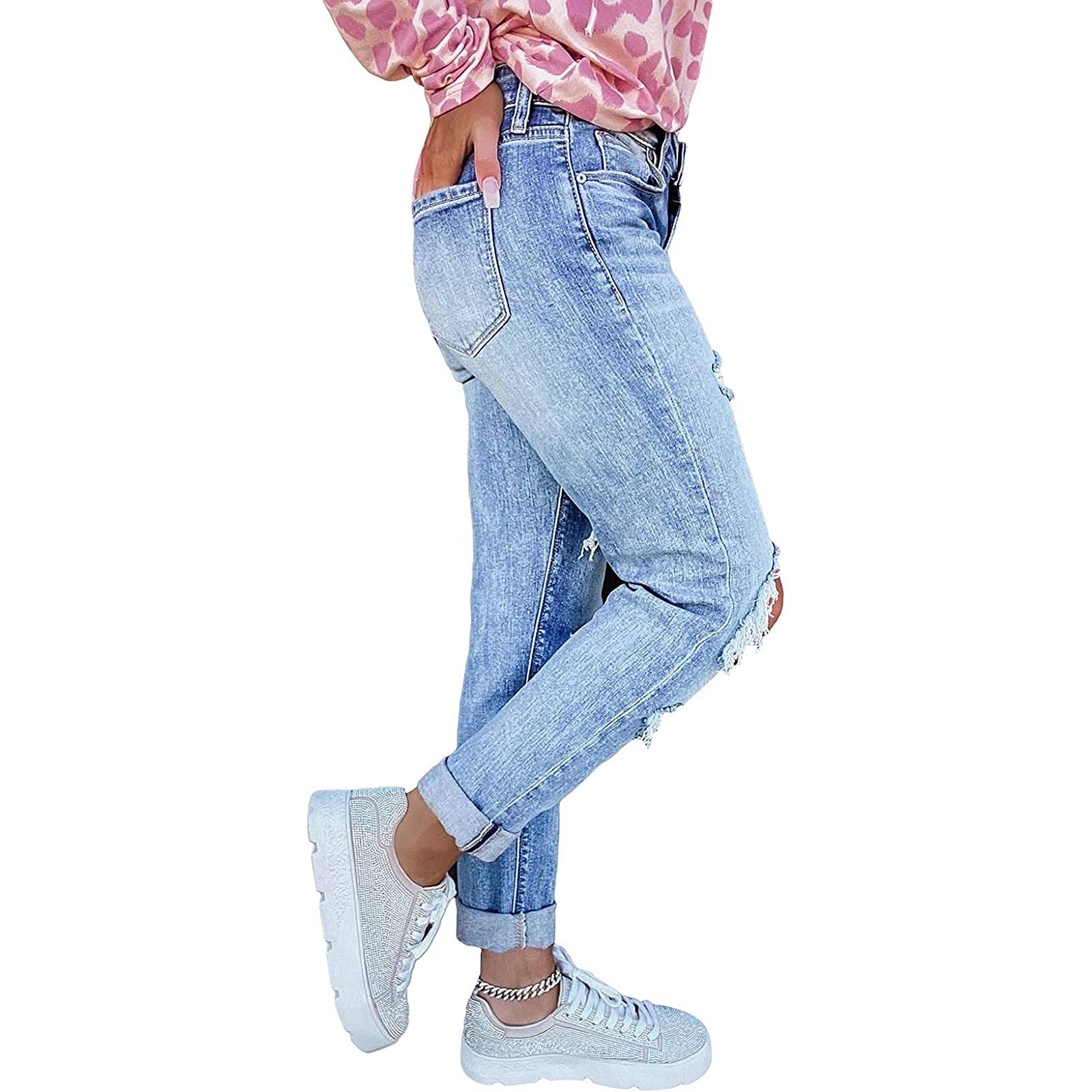 Distressed Women's Skinny Jeans - Ripped Black Stretch Bootcut Low Waist Flare Ankle Pants | Plus Size XXL in Blue | Perfect for Casual Wear, Night Out & Street Fashion