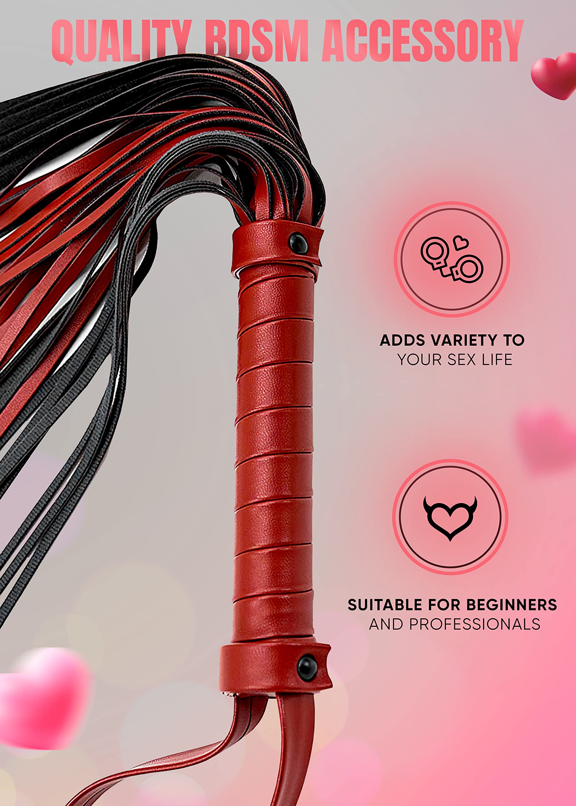 BDSM Whip & Spanking Paddle Set - Red Leather Flogger for Adult Play, Cosplay & Bedroom Fun - Perfect for BDSM Lovers & Couples Play