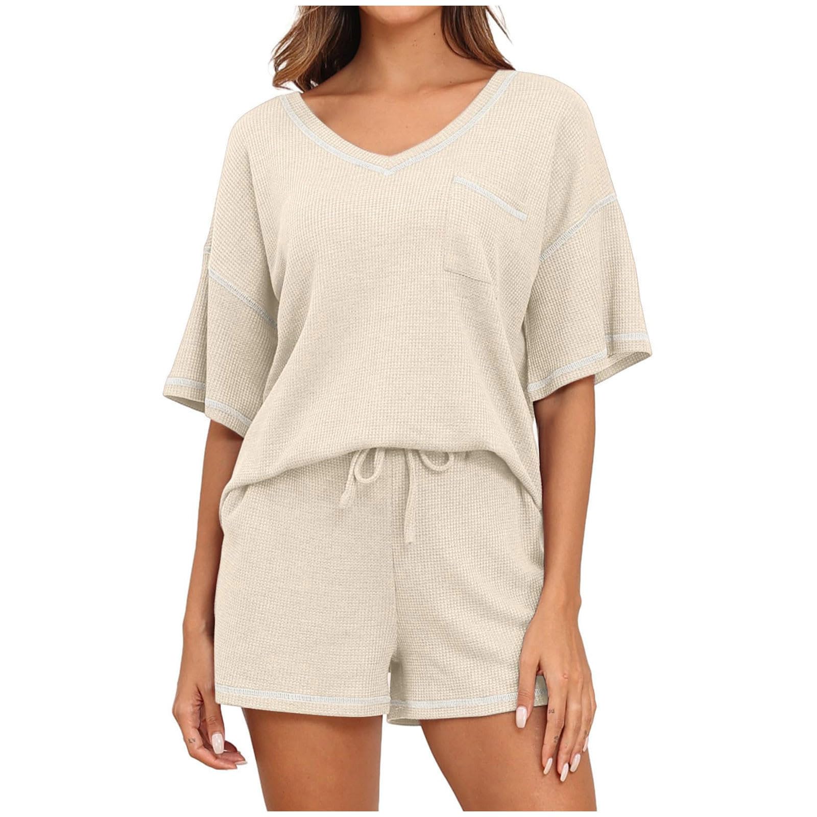 Women's 2-Piece Knit Waffle Lounge Set - Comfy Short Sleeve Top & Pocket Shorts | Summer Sleepwear, Casual Outfits & Home Wear 2024 Collection