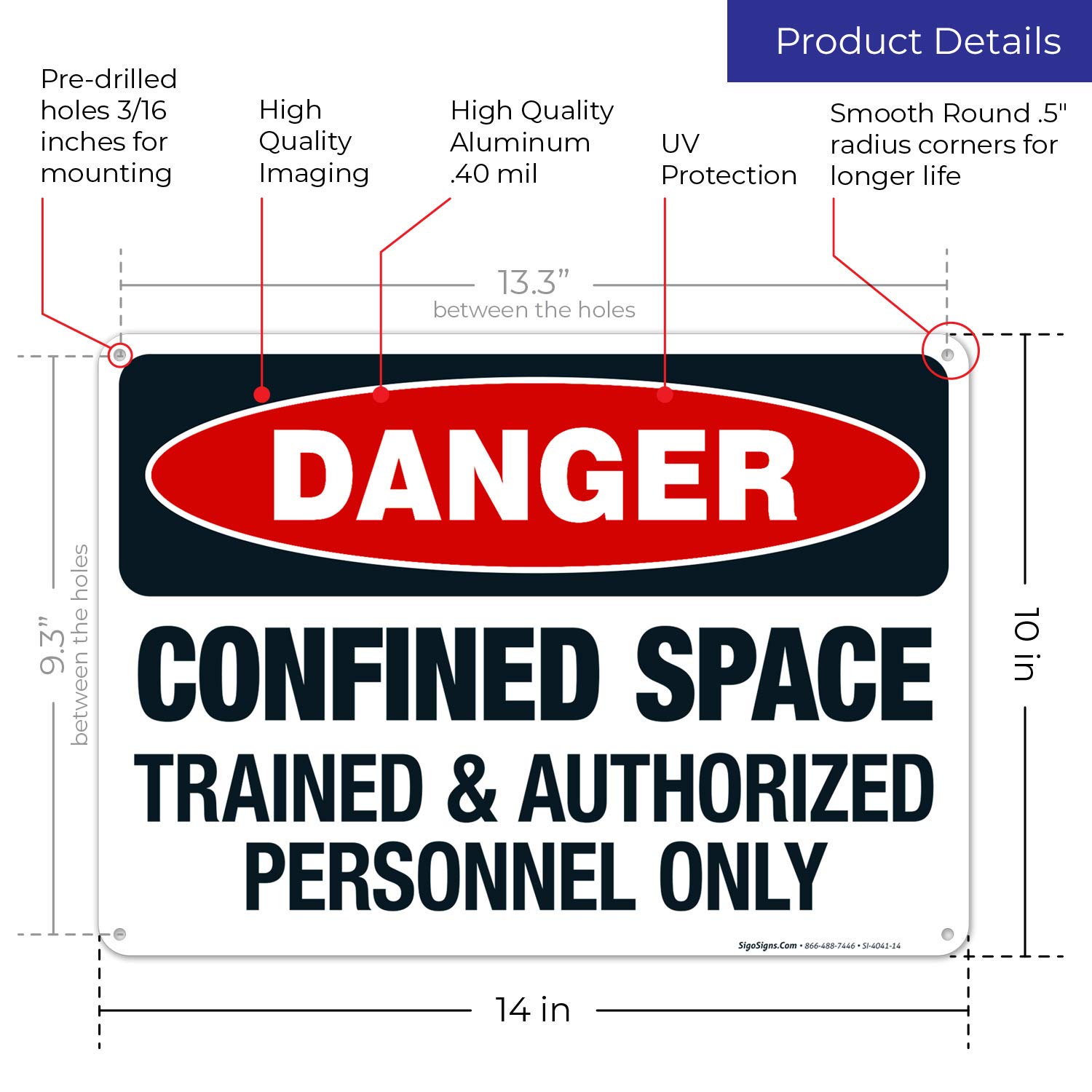 Danger Confined Space Trained & Authorized Personnel Only Sign - OSHA Compliant 10x14 Inch Rust-Free Aluminum Safety Sign - Fade Resistant for Indoor/Outdoor Use - Made in USA - Perfect for Construction Sites, Warehouses & Industrial Areas