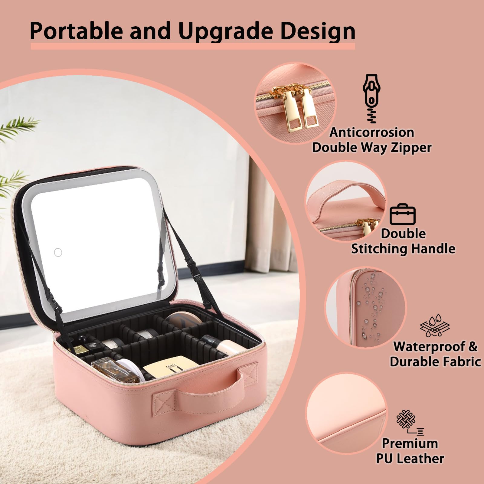 LED Lighted Travel Makeup Bag with Adjustable Dividers - Portable Cosmetic Organizer with 3-Color Lighting, Pink Makeup Case for Women | Perfect for Travel, Home Vanity & On-the-Go Touchups