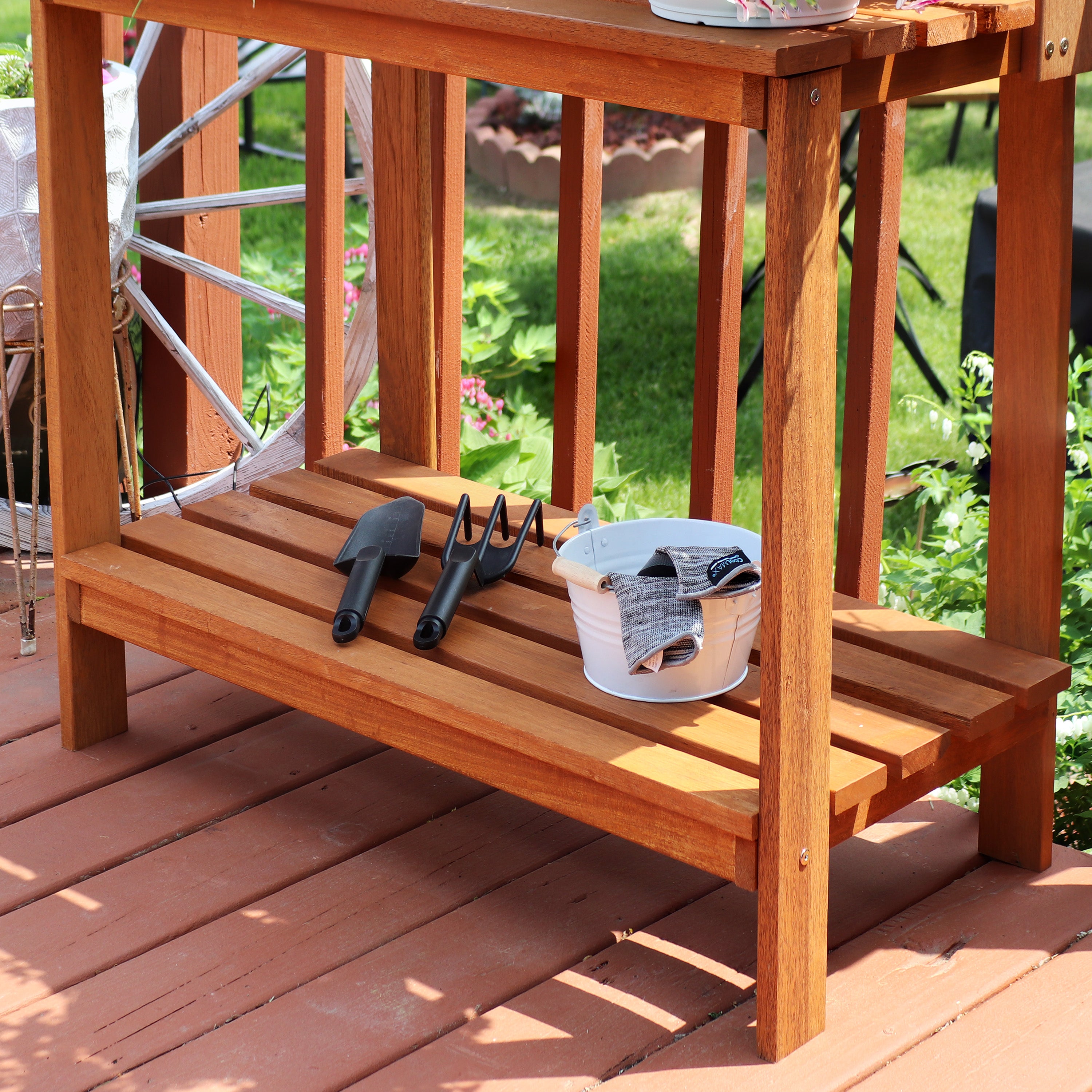 Sunnydaze Meranti Wood Outdoor Potting Bench with Teak Oil Finish - 42 Inch Garden Workstation for Planting, Gardening & Outdoor Storage - Perfect for Backyard, Patio & Greenhouse Use