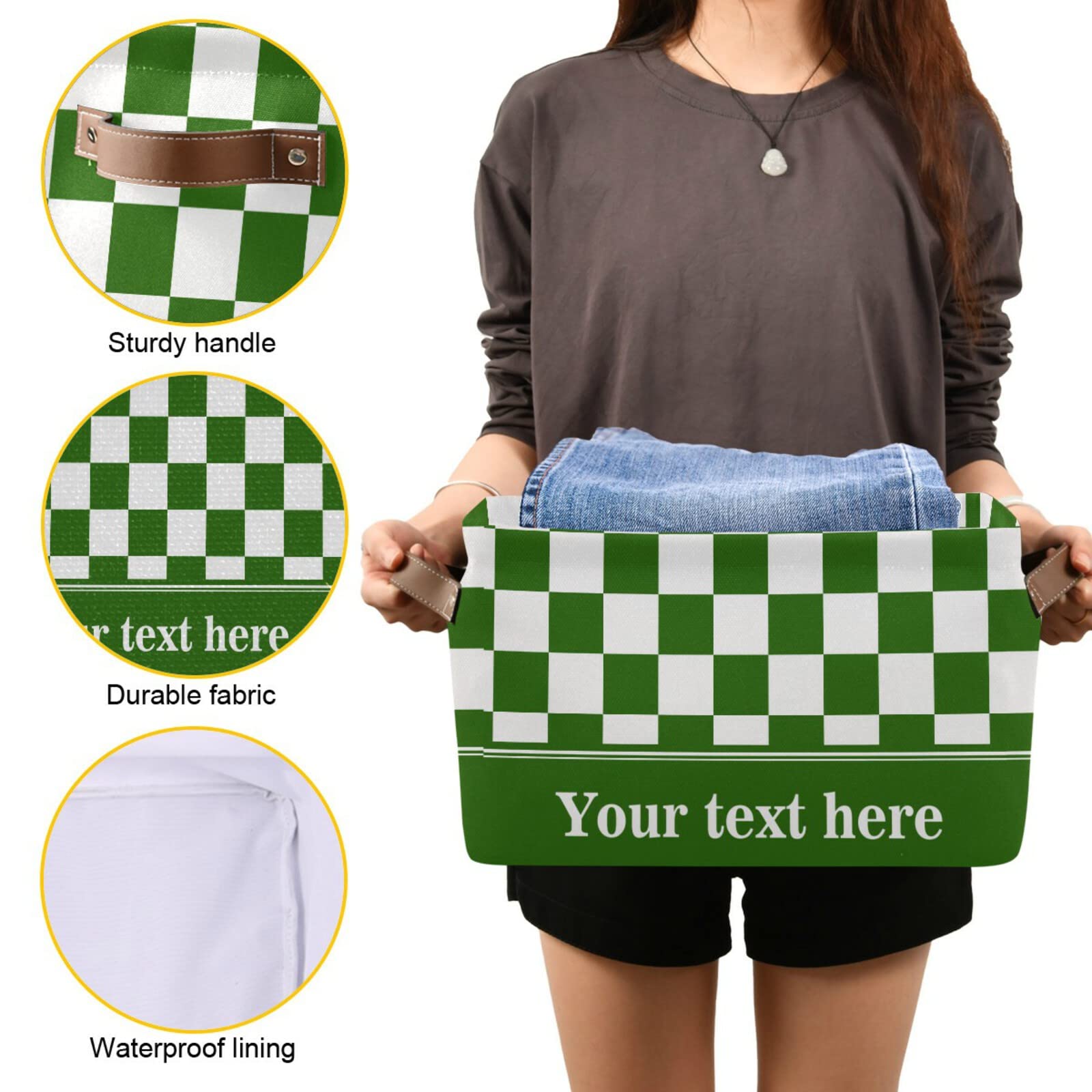 Checkerboard White Green Plaid Storage Basket - Collapsible Rectangular Bin with Leather Handles - Nursery, Closet & Home Organization - Perfect for Baby Clothes, Toys & Blanket Storage
