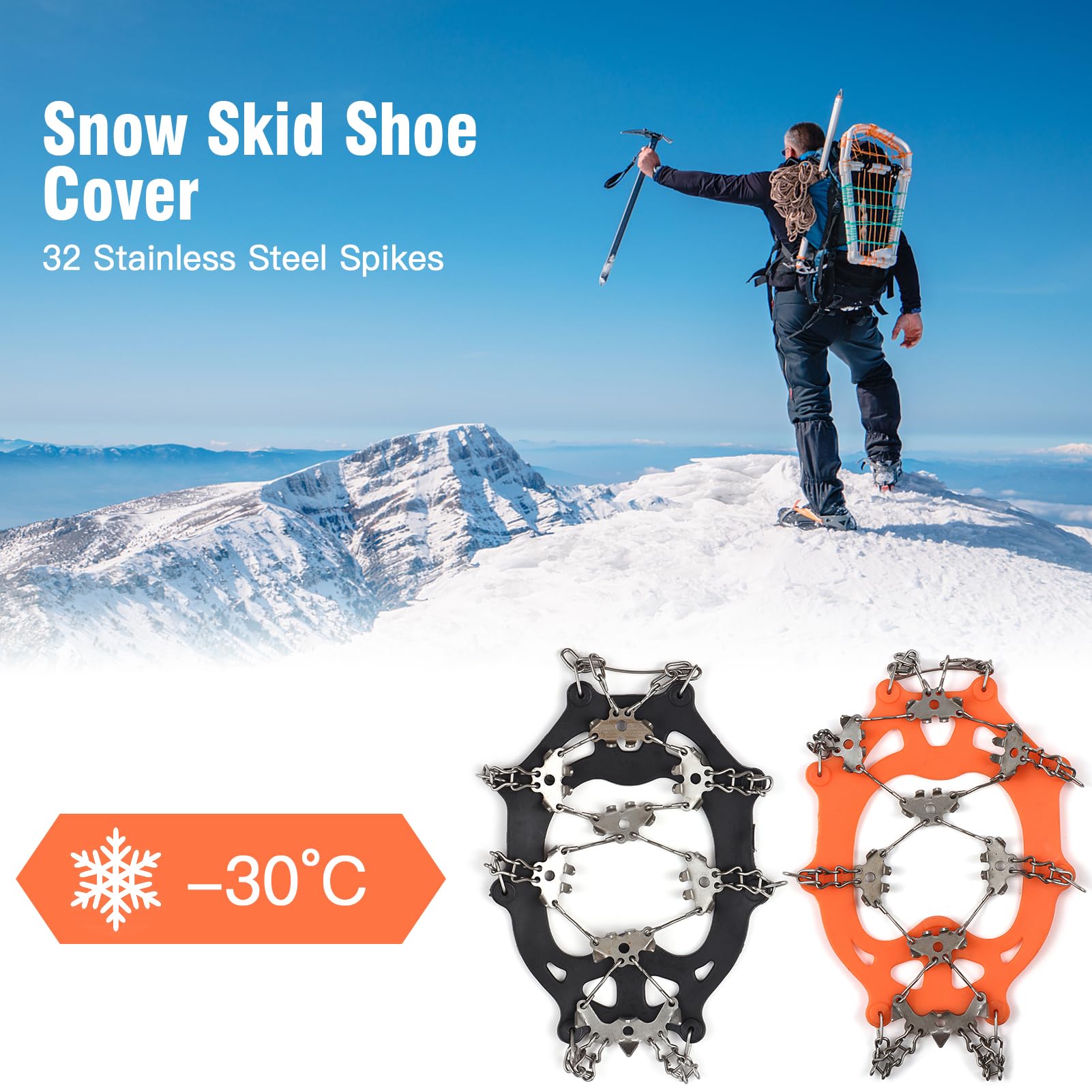 Premium 24/32 Spike Ice Cleats for Shoes & Boots - Non-Slip Crampons for Walking, Jogging, Hiking on Snow & Ice - Traction Grip for Men & Women - Ideal for Winter Outdoor Activities, Mountain Climbing & Icy Commutes