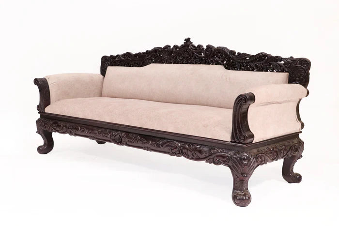 Hand Carved Solid Mango Wood Daybed Sofa - 3 Seater Indian Furniture in Dark Brown | Perfect for Living Room, Patio & Guest Bedroom