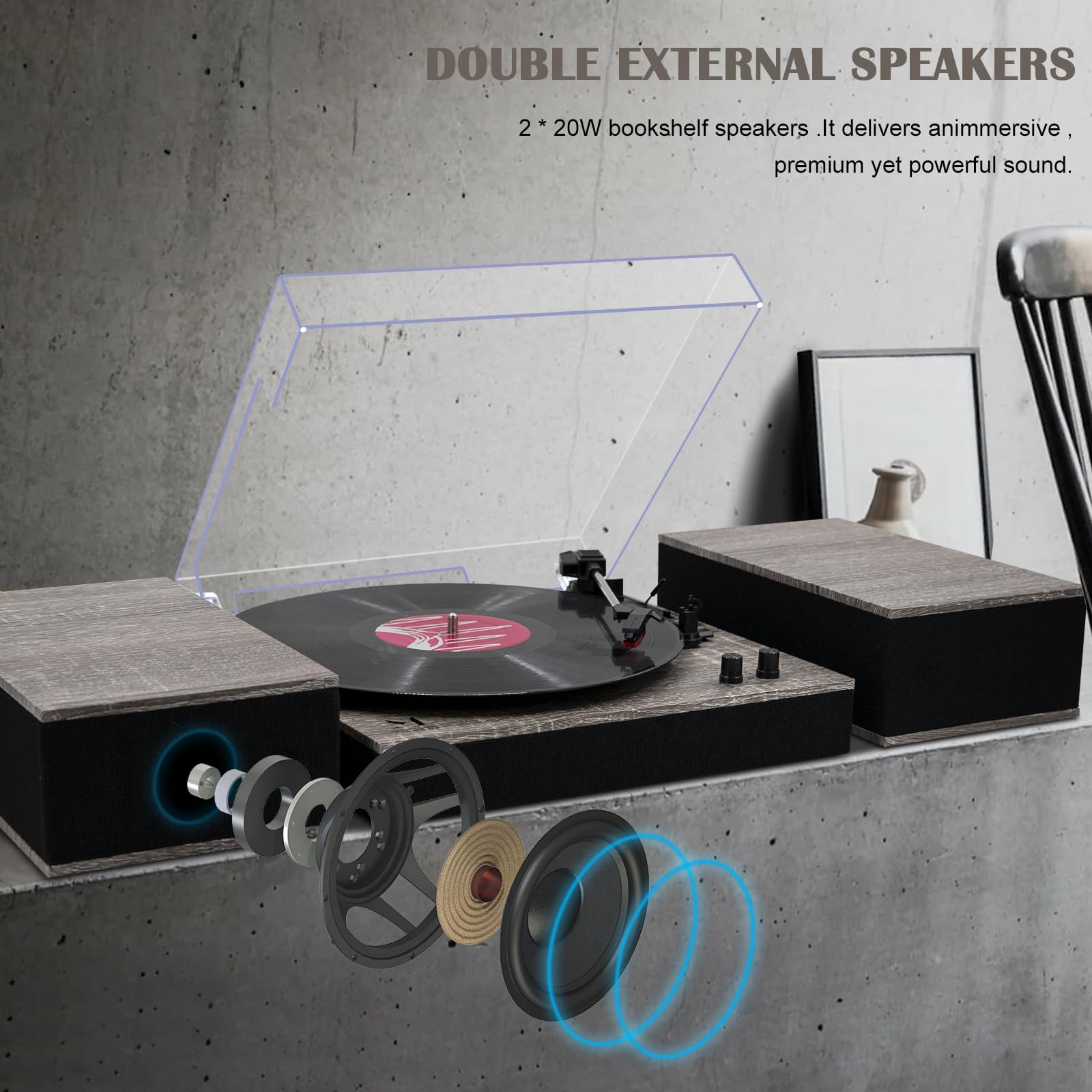 MPK Bluetooth Record Player - 3-Speed Belt-Drive Vinyl Turntable with HiFi Sound & Wireless Bookshelf Speakers | Auto-Stop Function & Grey Wood Finish | Perfect for Home Entertainment & Vinyl Record Collections