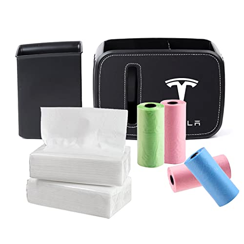 Tesla Car Trash Can with 4 Garbage Bag Rolls & Tissue Holder with 100 Sheets - Mini Car Bin for Tesla Model 3/Y/S/X Accessories - Perfect for Road Trips, Commuting & Keeping Your Tesla Clean