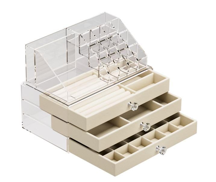Seadra 3-Layer Velvet Jewelry Storage Box with Glass Cover - Gray Jewelry Organizer Case for Rings, Earrings & Necklaces - Perfect for Travel, Home Display & Gift Giving