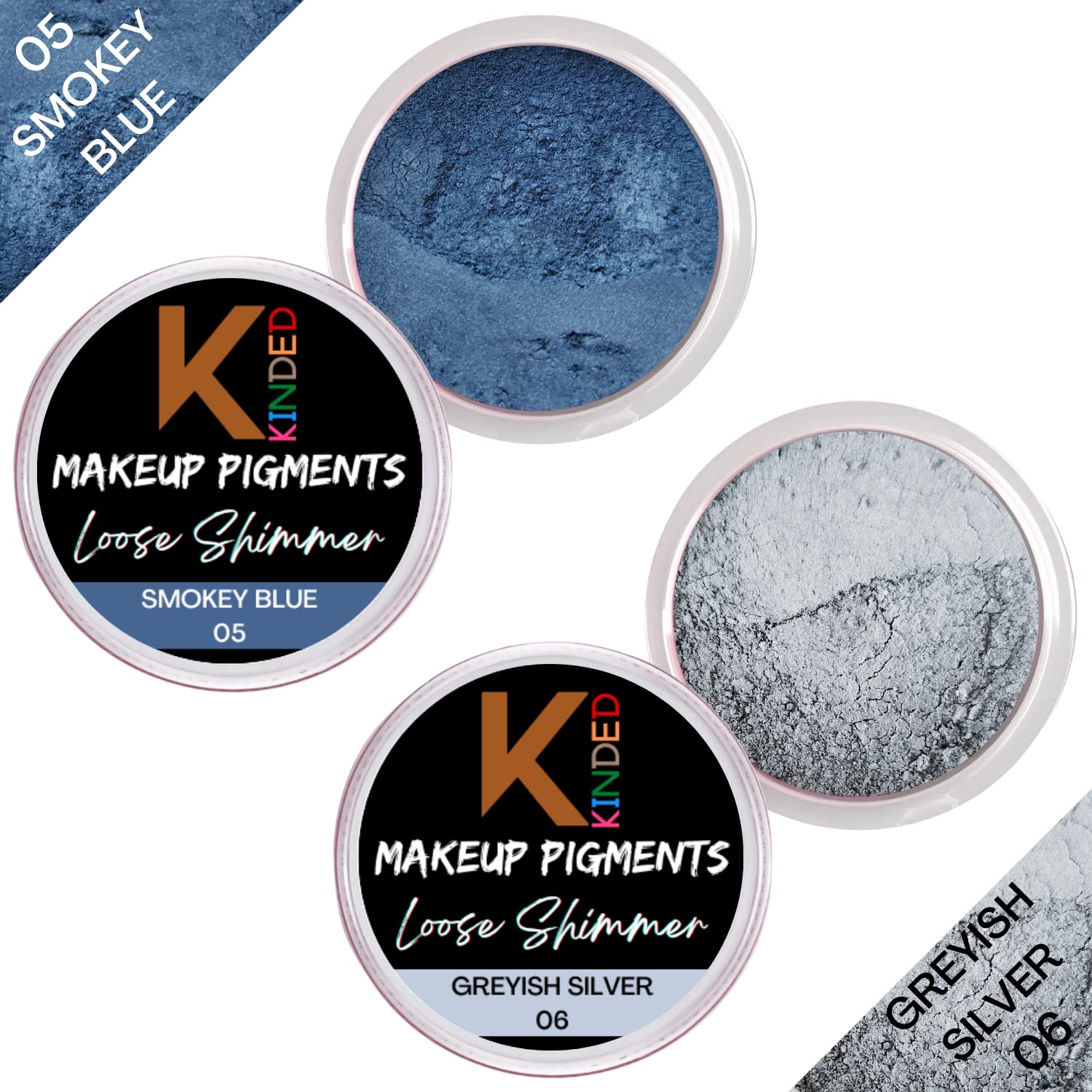 KINDED Loose Shimmer Makeup Foil Pigments - Metallic Glitter Eyeshadow for Smokey Eyes, Face Highlighting & Body Art (3g Each, Smokey Blue & Greyish Silver) | Perfect for Party Makeup, Festival Looks & Professional Beauty Applications