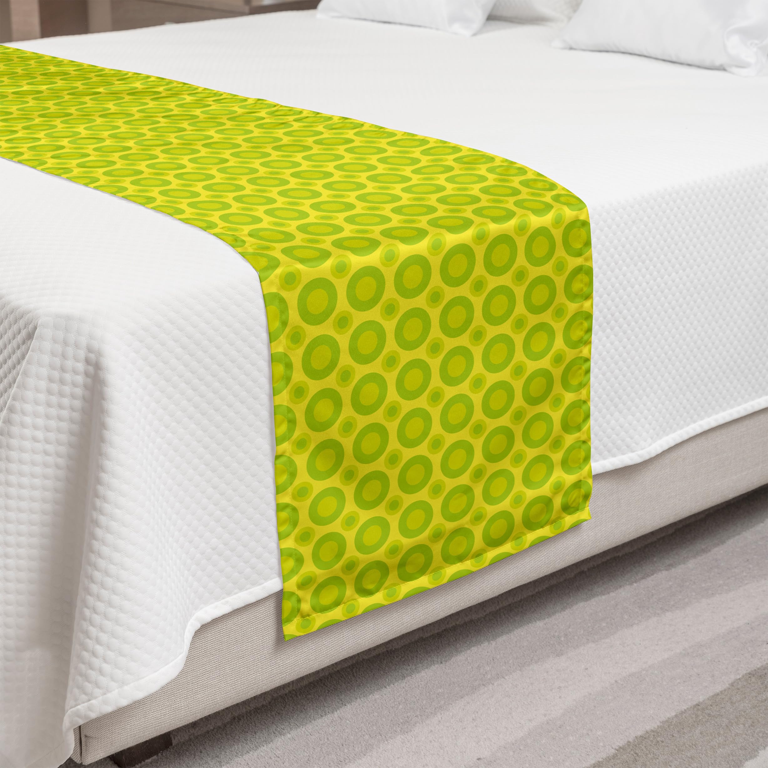Ambesonne Retro Bed Runner - Summer Tone Abstract Art with Repetitive Circles Design, Decorative Bed Scarf for Queen Size Beds - Perfect for Hotels, Homes & Guestrooms (Yellow Green) | Adds Boho Chic Style to Bedroom Decor