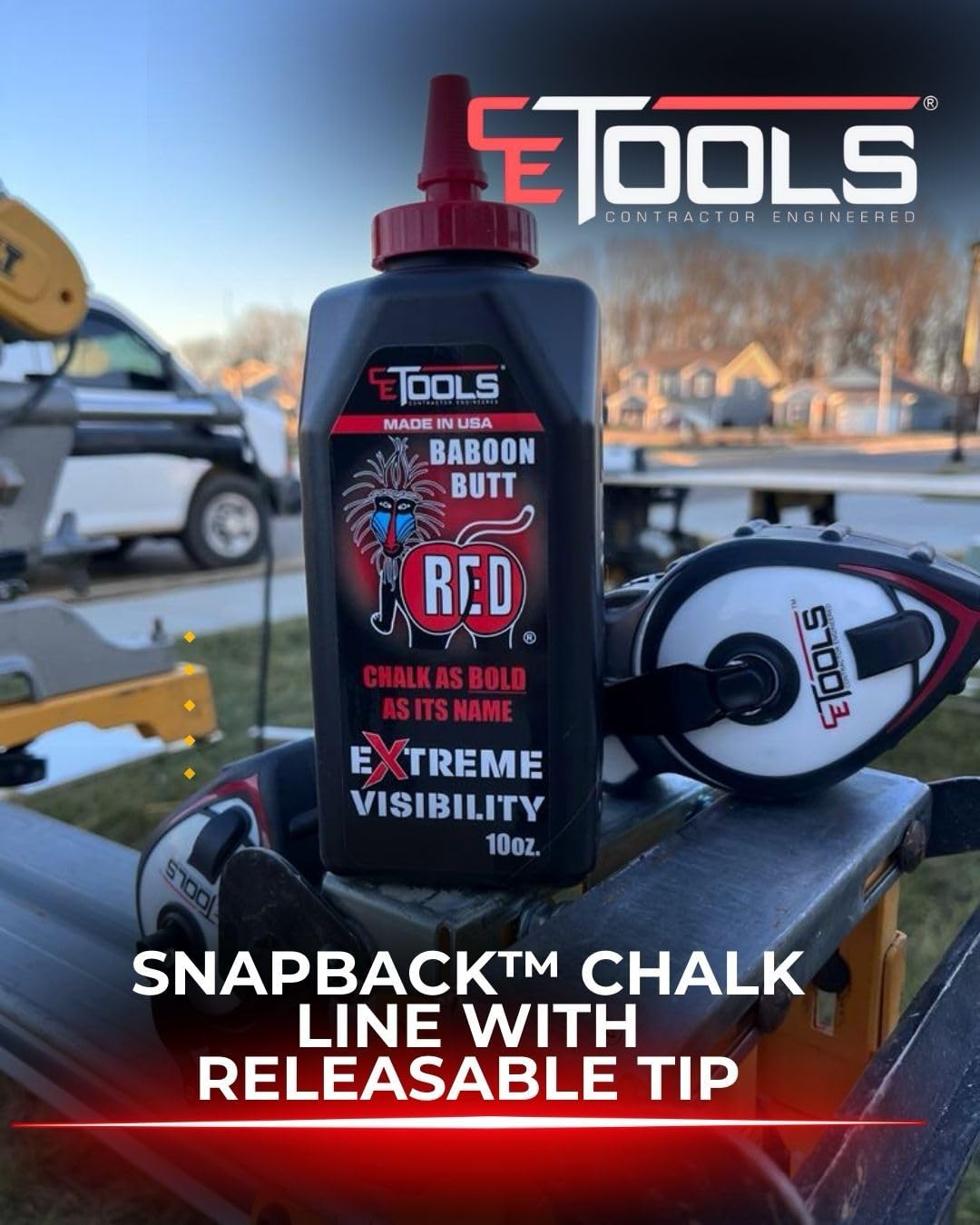 CE TOOLS Baboon Butt Red® High-Visibility Marking Chalk - 10 oz (283.5g) | USA-Made Construction Chalk for Chalk Lines | Water-Resistant & Long-Lasting | Perfect for Outdoor Construction, Landscaping & DIY Projects