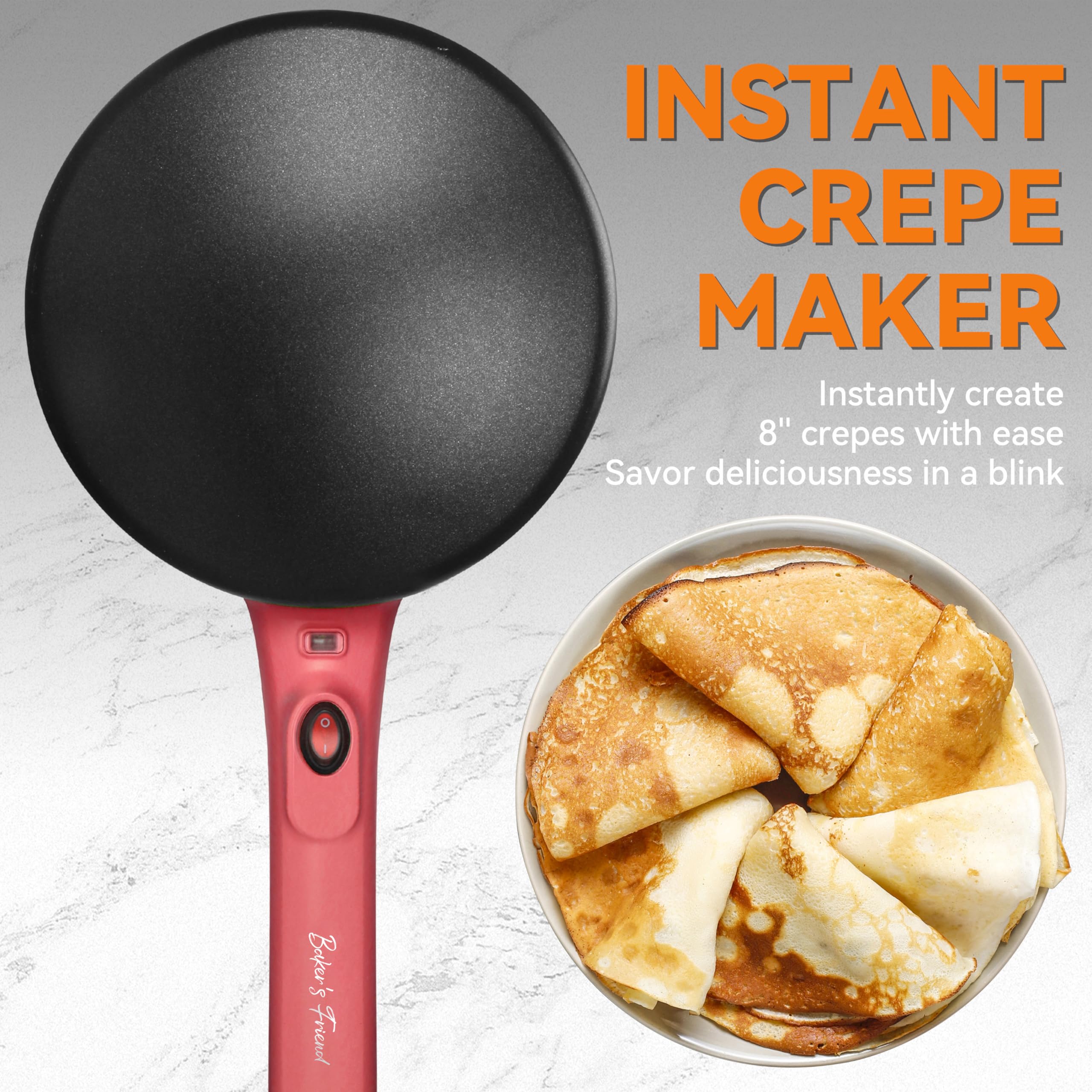 Electric Crepe Maker Machine - 8 Inch Non-Stick Cooking Surface with Handle, Raspberry Red | Perfect for Breakfast, Desserts & French Cuisine | Baker's Friend Instant Crepe Maker for Home & Commercial Use