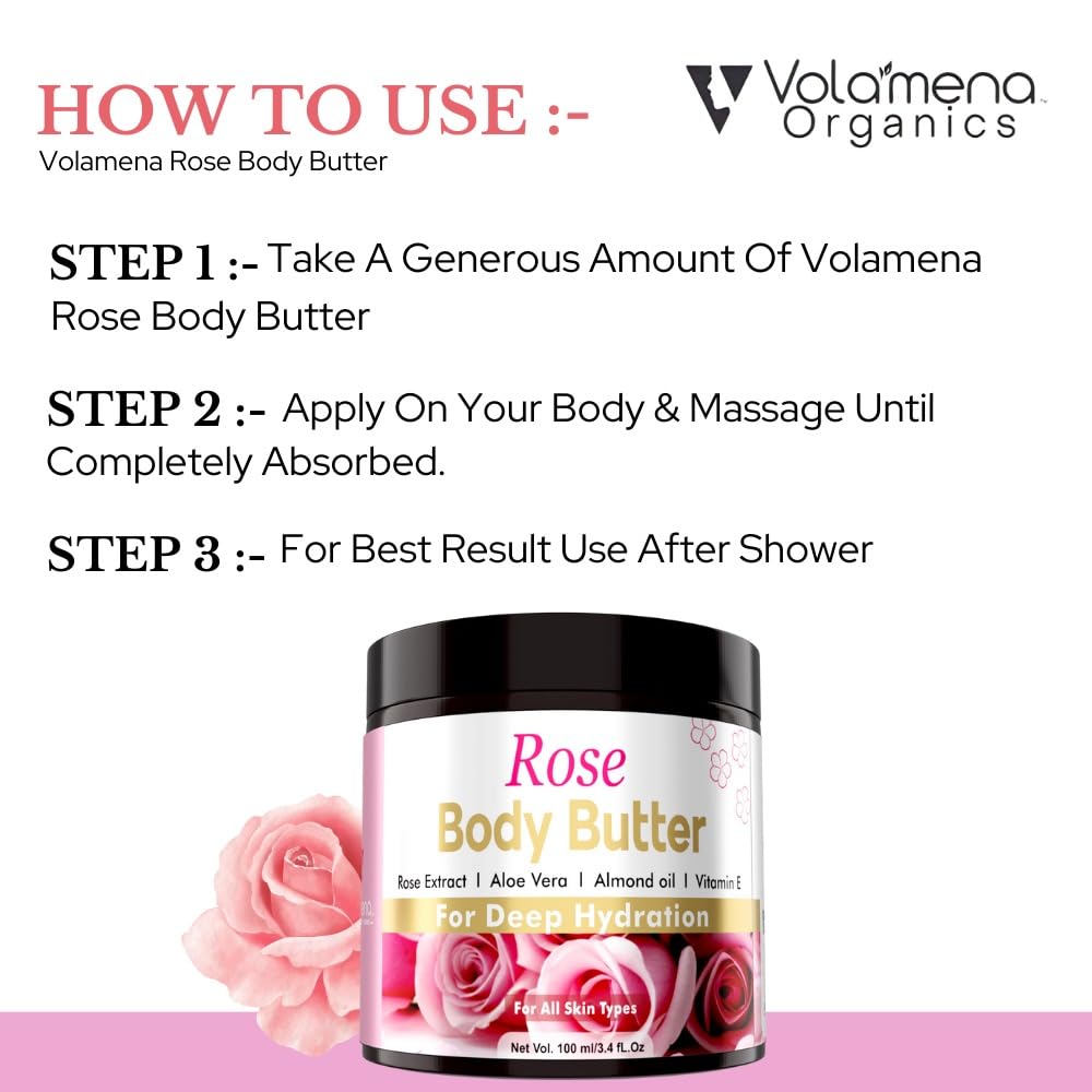 Volamena Rose Body Butter for Dry Skin - Enriched with British Rose, Almond Oil & Vitamin E | Vegan, Cruelty-Free Moisturizer for Women & Men | 100ml | Perfect for Daily Hydration & Sensitive Skin Care