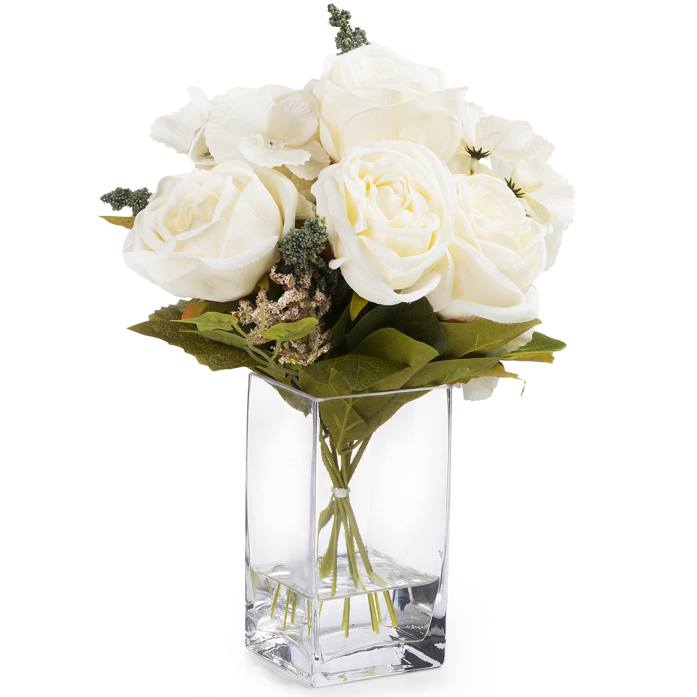 Premium Mixed Silk Rose & Hydrangea Floral Arrangement in Glass Vase with Faux Water - Cream Home Decor for Living Room, Bedroom, Office Centerpiece