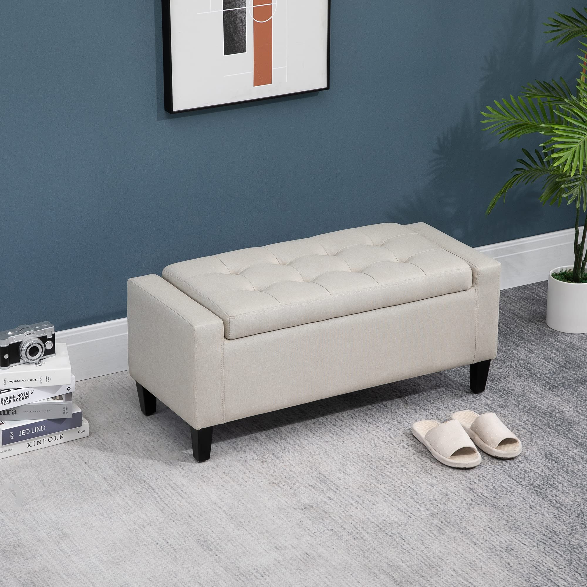 HOMCOM Linen Upholstered Storage Ottoman Bench with Lift Top & Button Tufted Design - Beige Storage Seat for Living Room, Bedroom & Entryway - Multi-Functional Footrest & Hidden Storage Solution