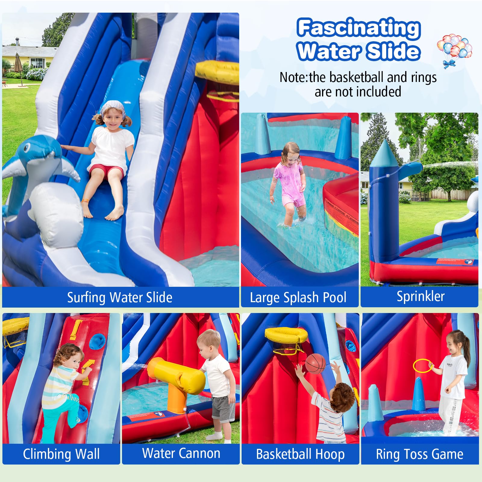 BOUNTECH Inflatable Water Slide with Dolphin Theme - Large Backyard Water Park for Kids & Adults, Includes Long Slide, Climbing Wall & Splash Pool - Perfect for Summer Parties, Outdoor Gatherings & Family Fun