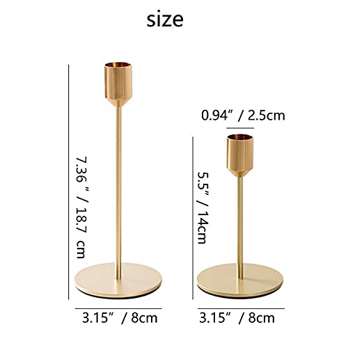 2-Piece Gold Brass Candlestick Holders Set - Modern Taper Candle Holders for Table Decor, Wedding Centerpieces & Holiday Dining (Small + Large Size)
