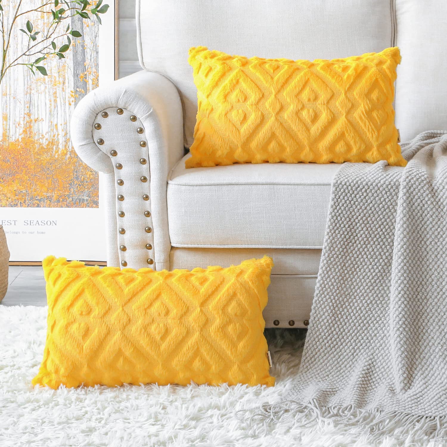 Artscope 2-Pack Soft Plush Short Wool Velvet Decorative Throw Pillow Covers - Luxury European Style Cushion Covers for Sofa & Bedroom - Diamond Pattern in Orange & Yellow (12x20 Inches) - Perfect for Home Decor, Living Room Accent & Cozy Bedding